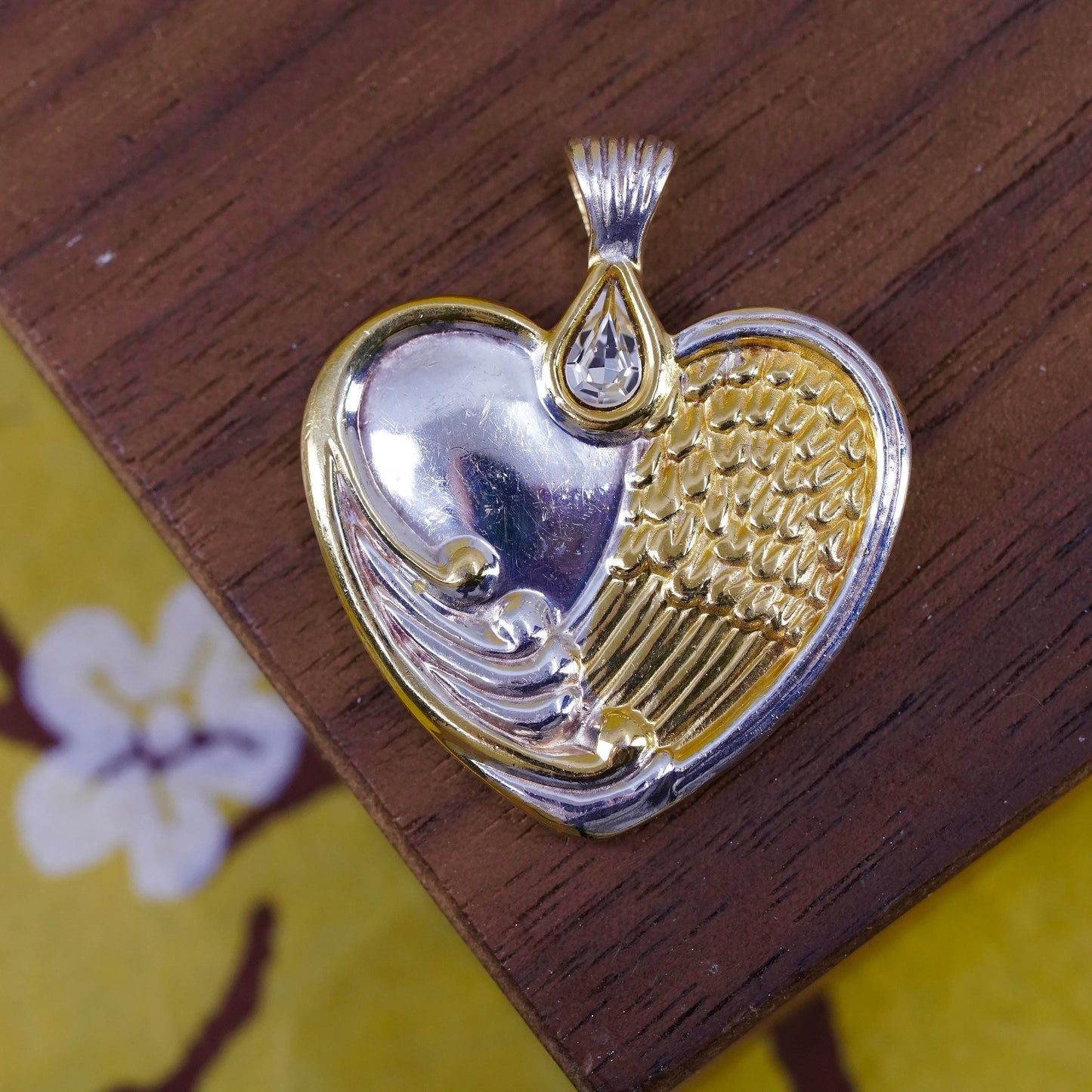 VTG BGE 18K Gold & 925 sterling Silver Heart Pendant angel’s wing teardrop cz