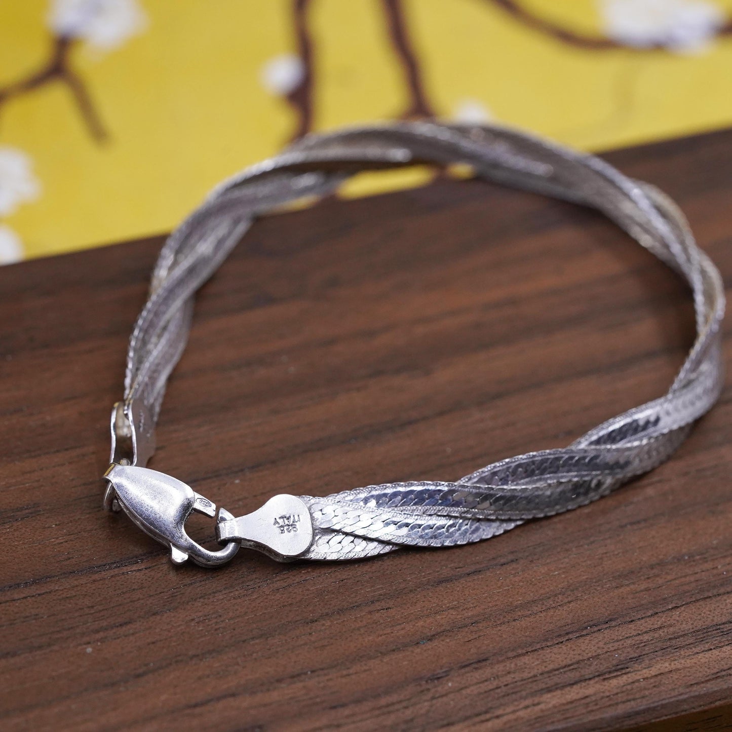 6.75", vtg Sterling silver braided woven herringbone bracelet, Italy 925 chain