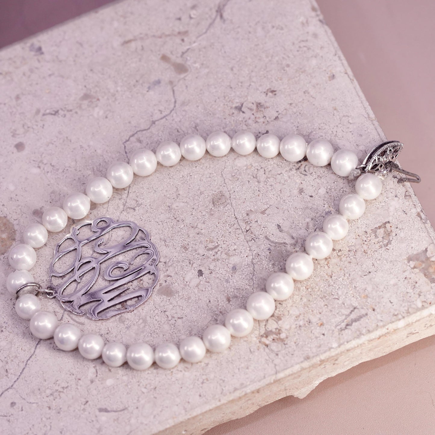 7.75", Sterling silver handmade bracelet, 925 monogram LMC charm pearl beads
