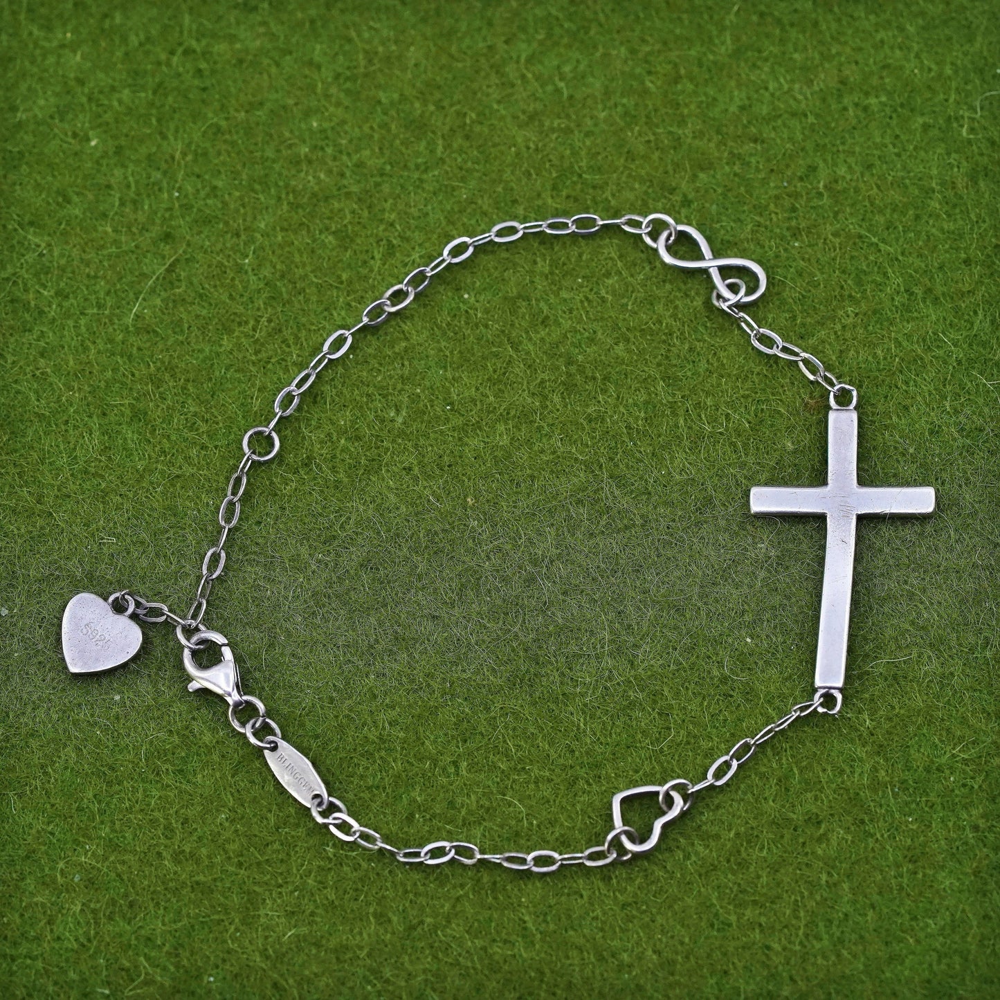 7.5”, Vintage sterling silver handmade bracelet, Italy 925 chain with cross