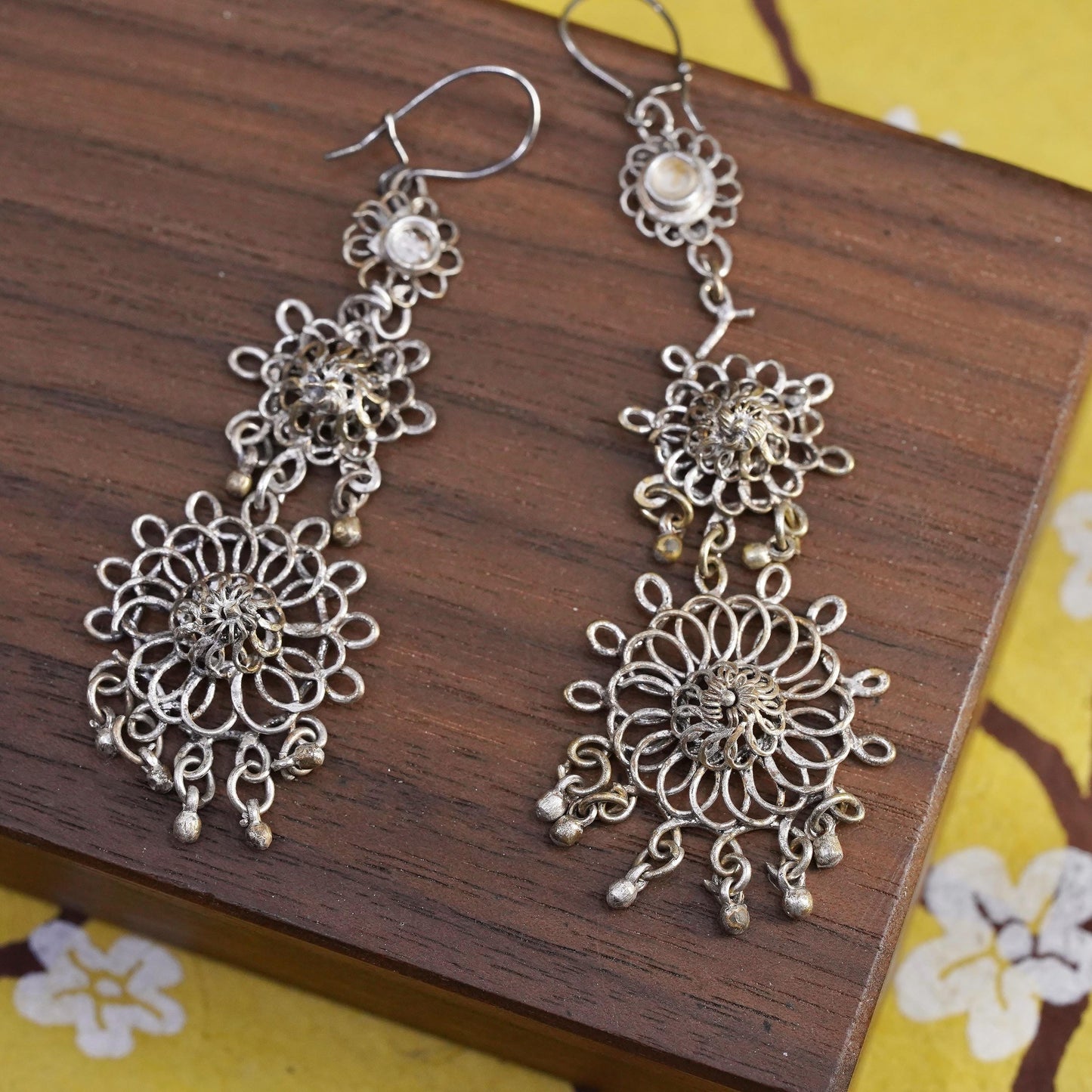 Vintage Sterling 925 silver handmade filigree flower long earrings