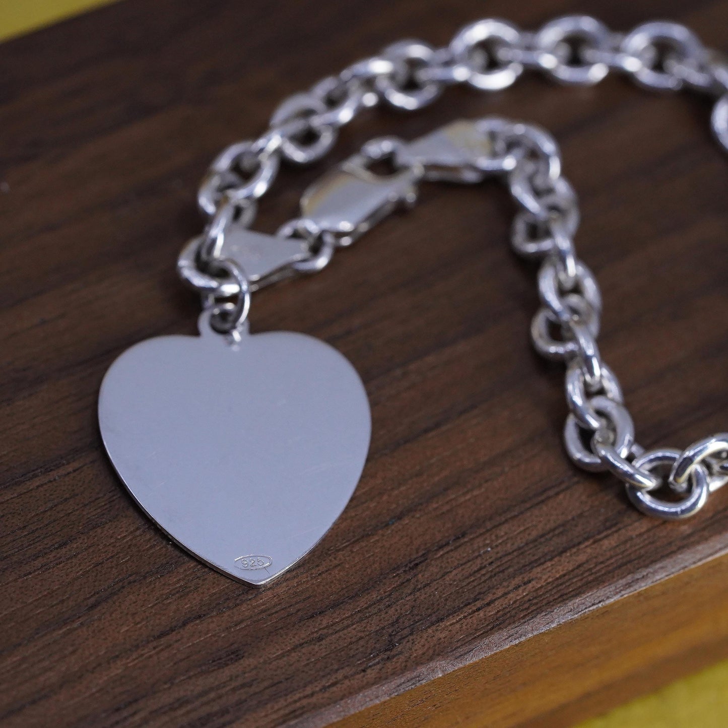 7”, Sterling silver bracelet, bold 925 circle chain with heart tag charm