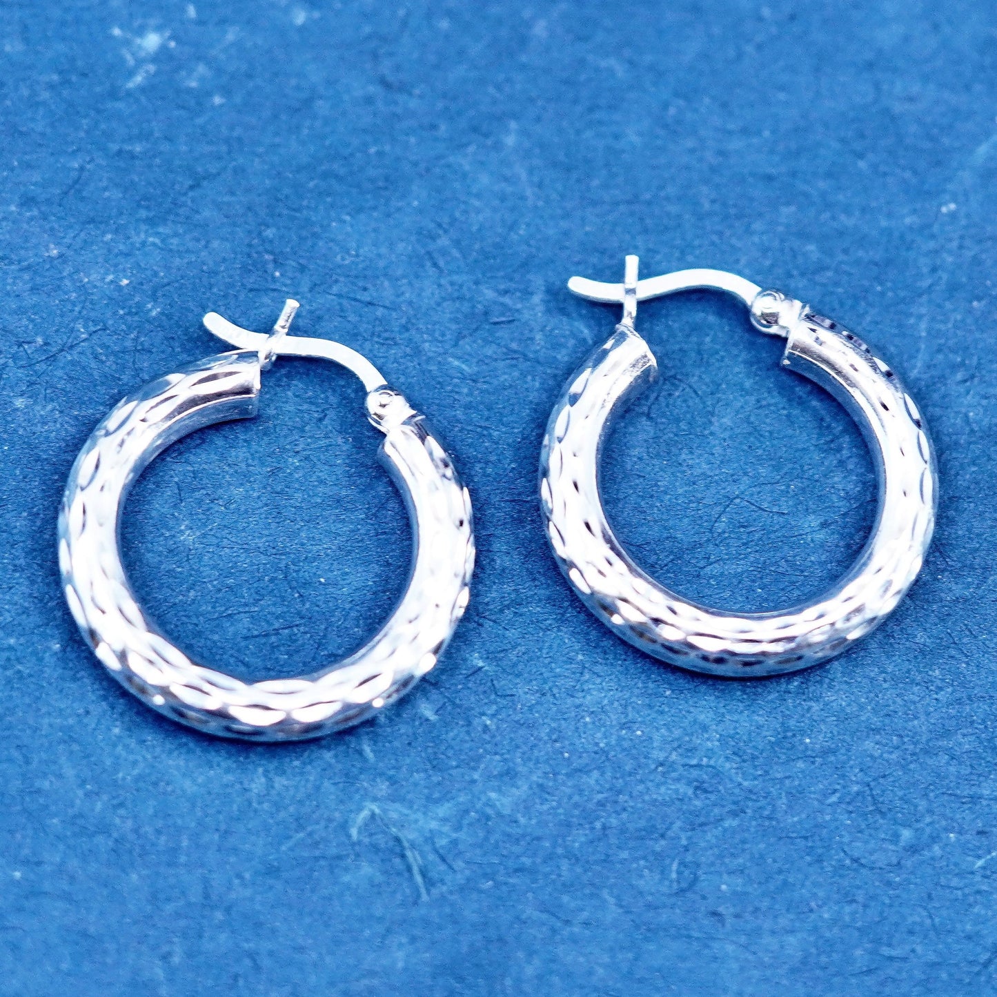 0.75”, vintage Sterling silver handmade earrings, textured 925 hoops, huggie