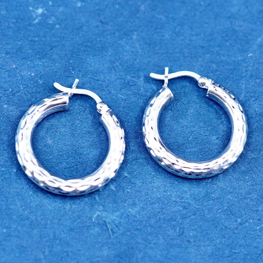0.75”, vintage Sterling silver handmade earrings, textured 925 hoops, huggie