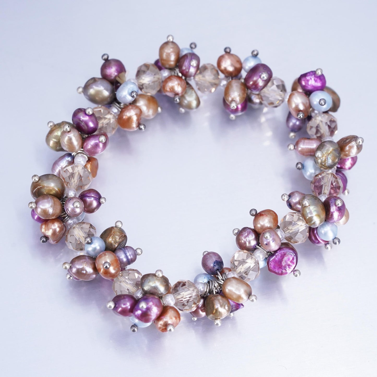 7.25”, Sterling 925 silver stretchy bracelet with cluster pearl and crystal