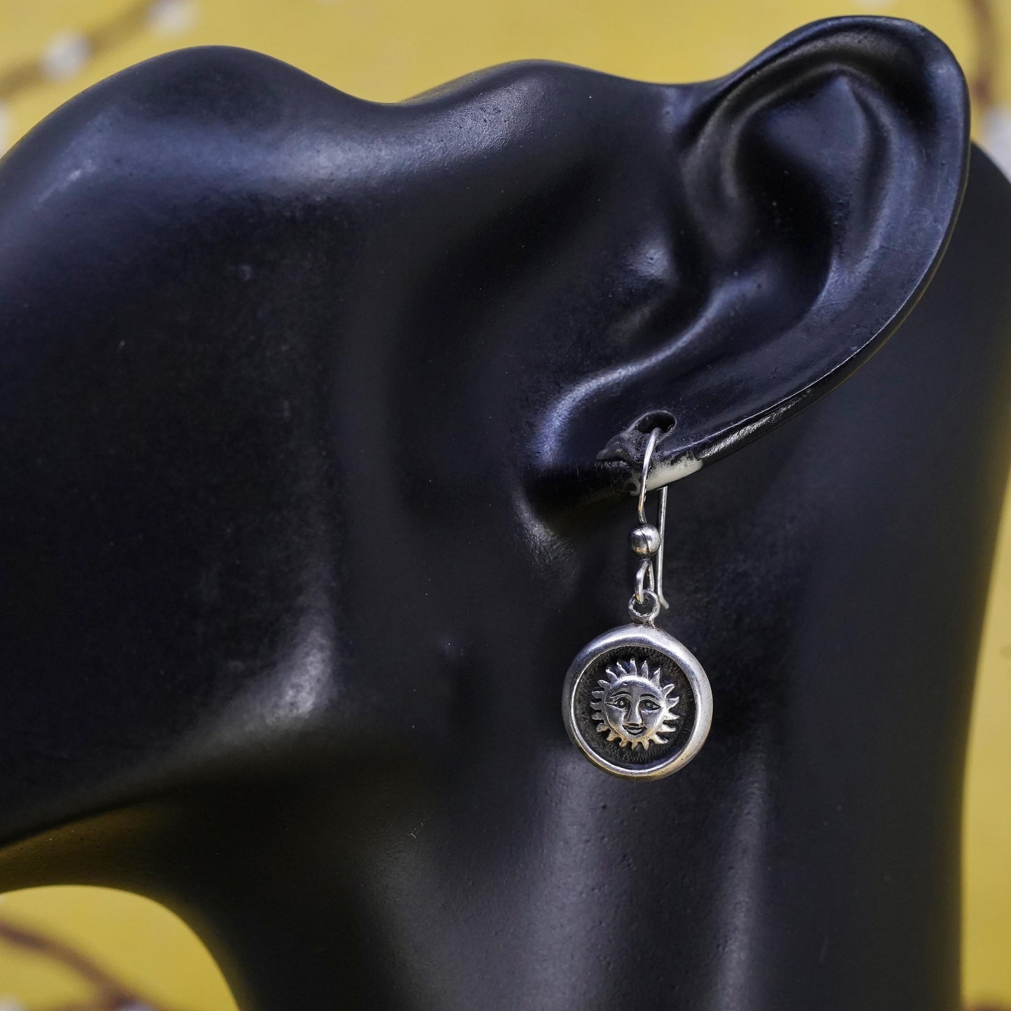 Vintage Bocco Sterling Silver Sun Face Dangle Earrings, Stamped 925 Handmade