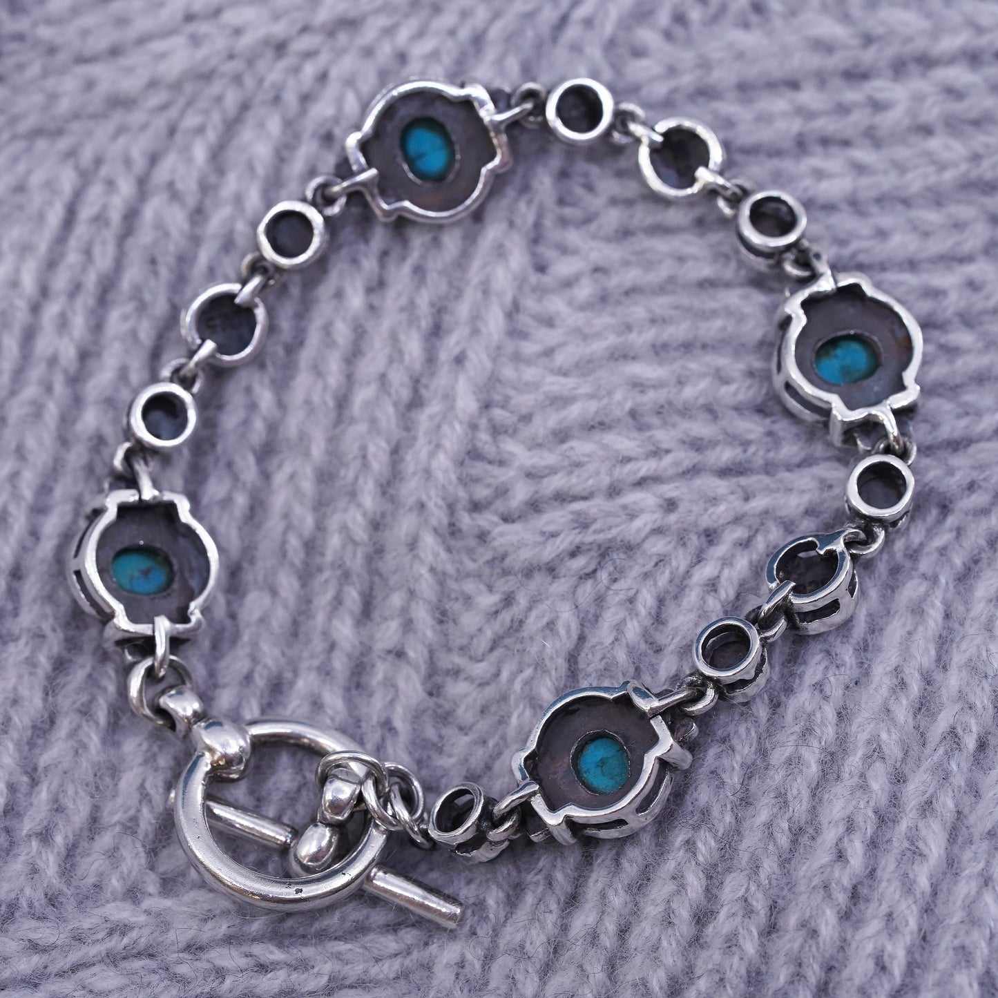 6.75”, sterling 925 silver handmade bracelet with turquoise and toggle closure