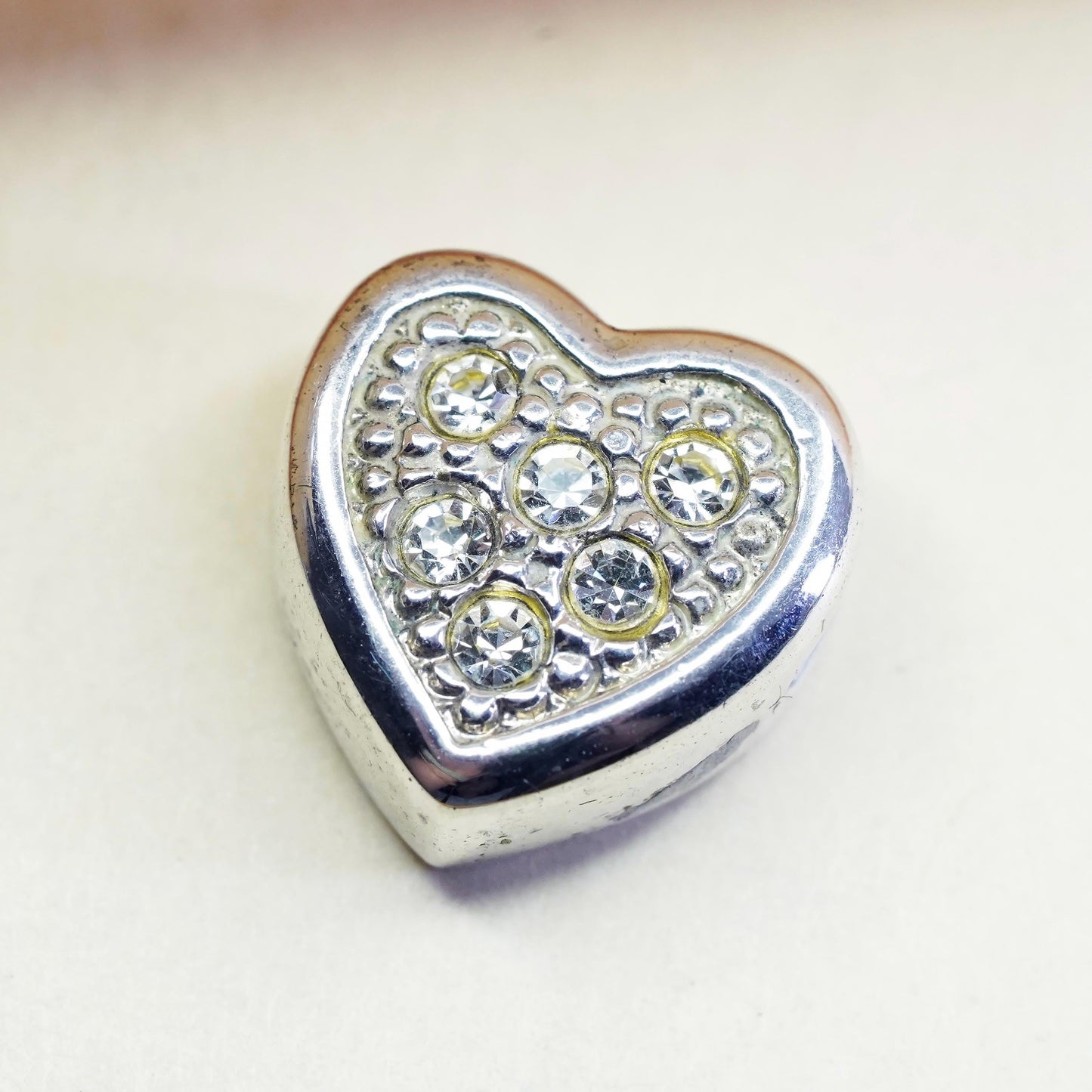 Vintage sterling silver pendant, heart charm with clear Cz