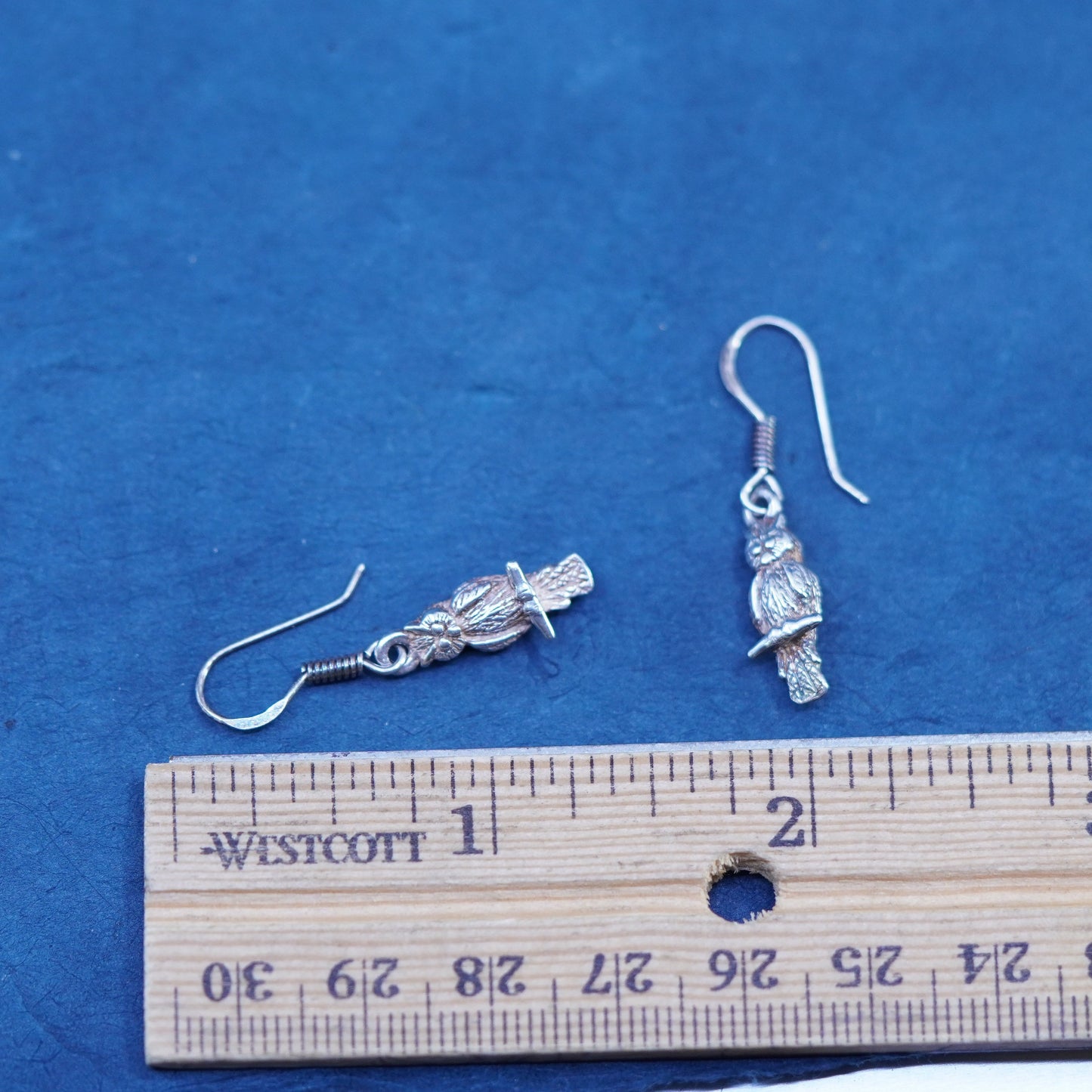 Vintage sterling silver handmade earrings, 925 owl bird dangles