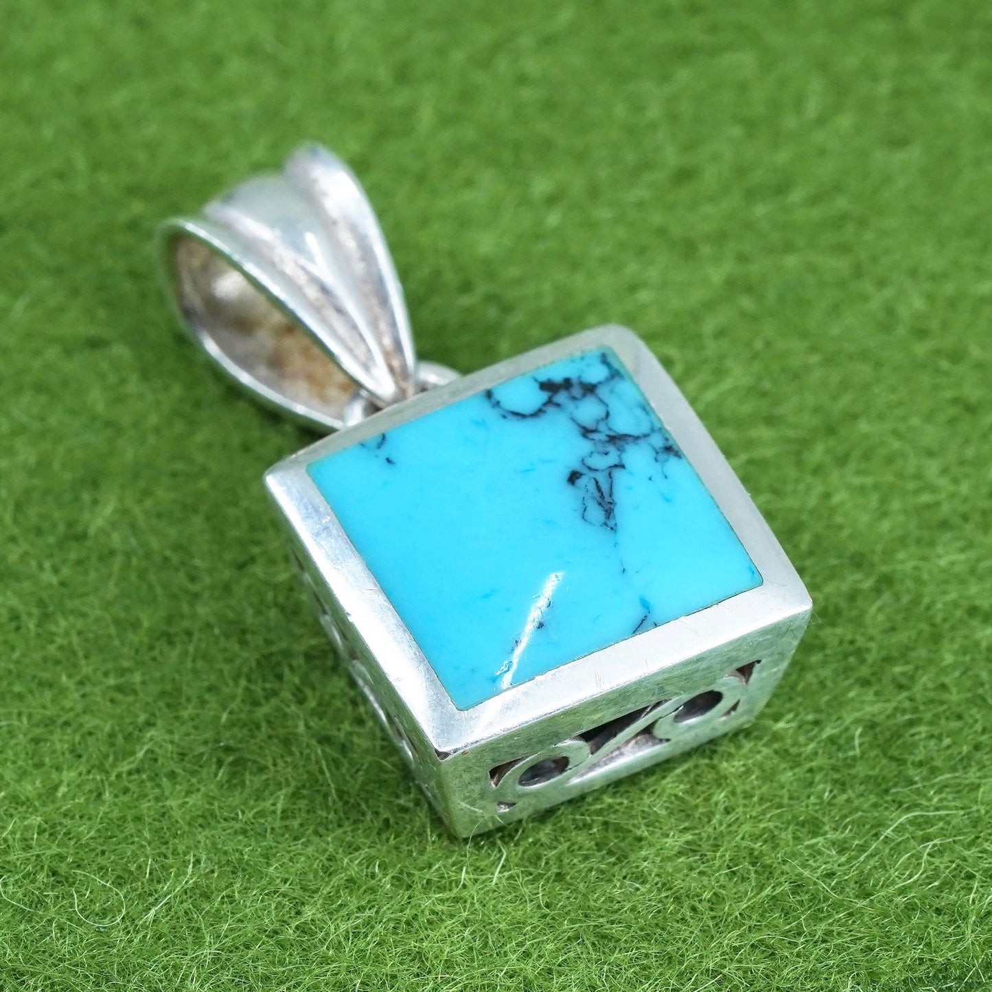 Native American Sterling silver handmade pendant, 925 square charm turquoise