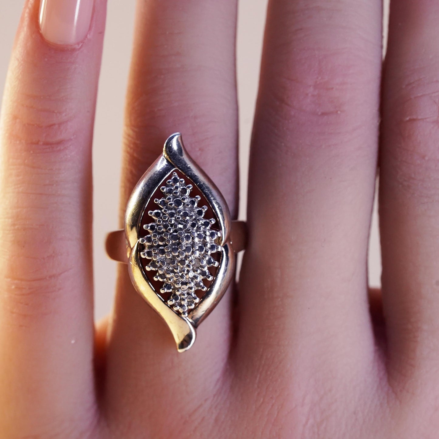 Size 7, Vermeil gold over sterling 925 silver statement ring with diamond