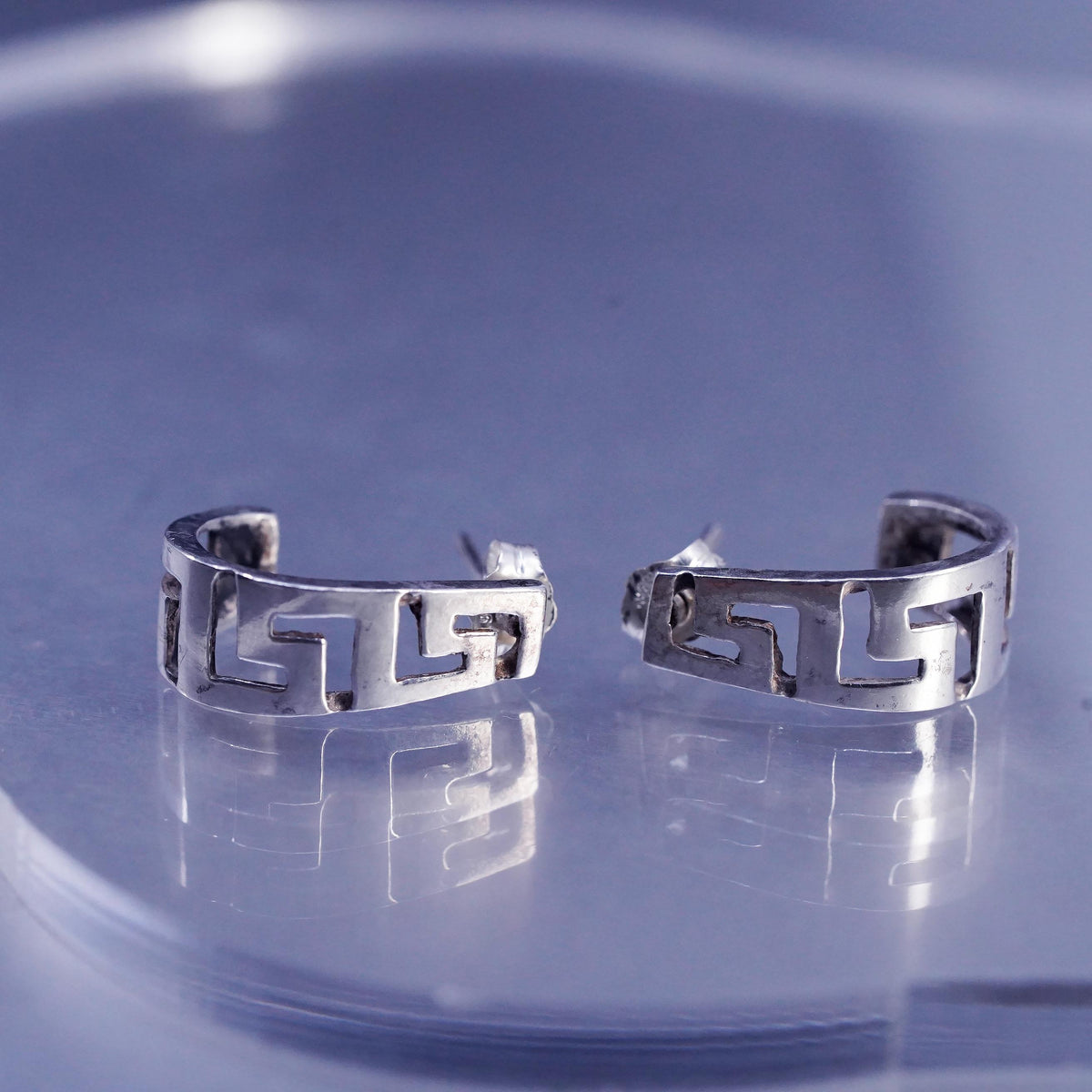 Vintage Sterling 925 silver handmade huggie studs earrings Greek key cut out