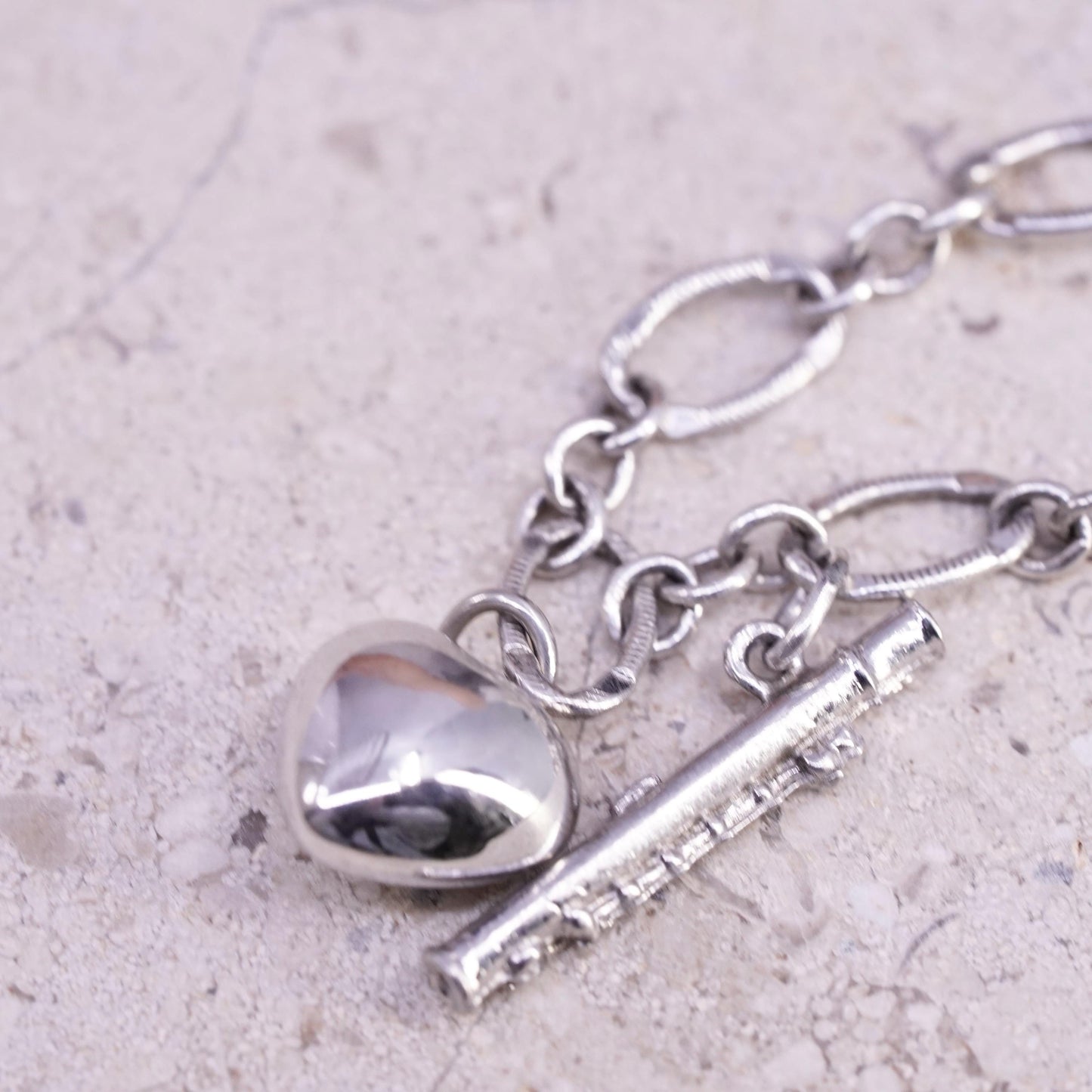 7", VTG Sterling silver handmade bracelet, 925 oval bracelet heart flute charms