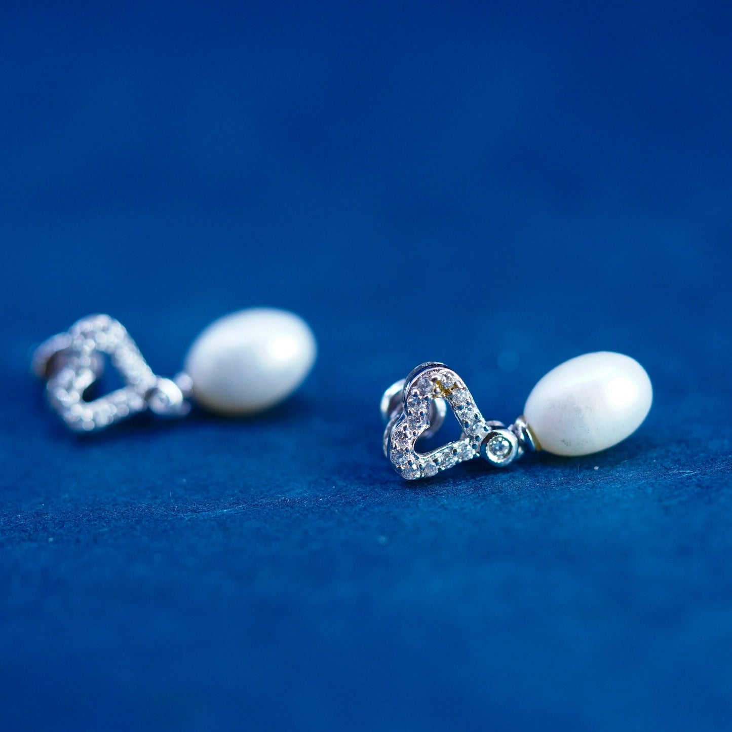 Vintage sterling silver 925 handmade earrings with heart cluster cz pearl