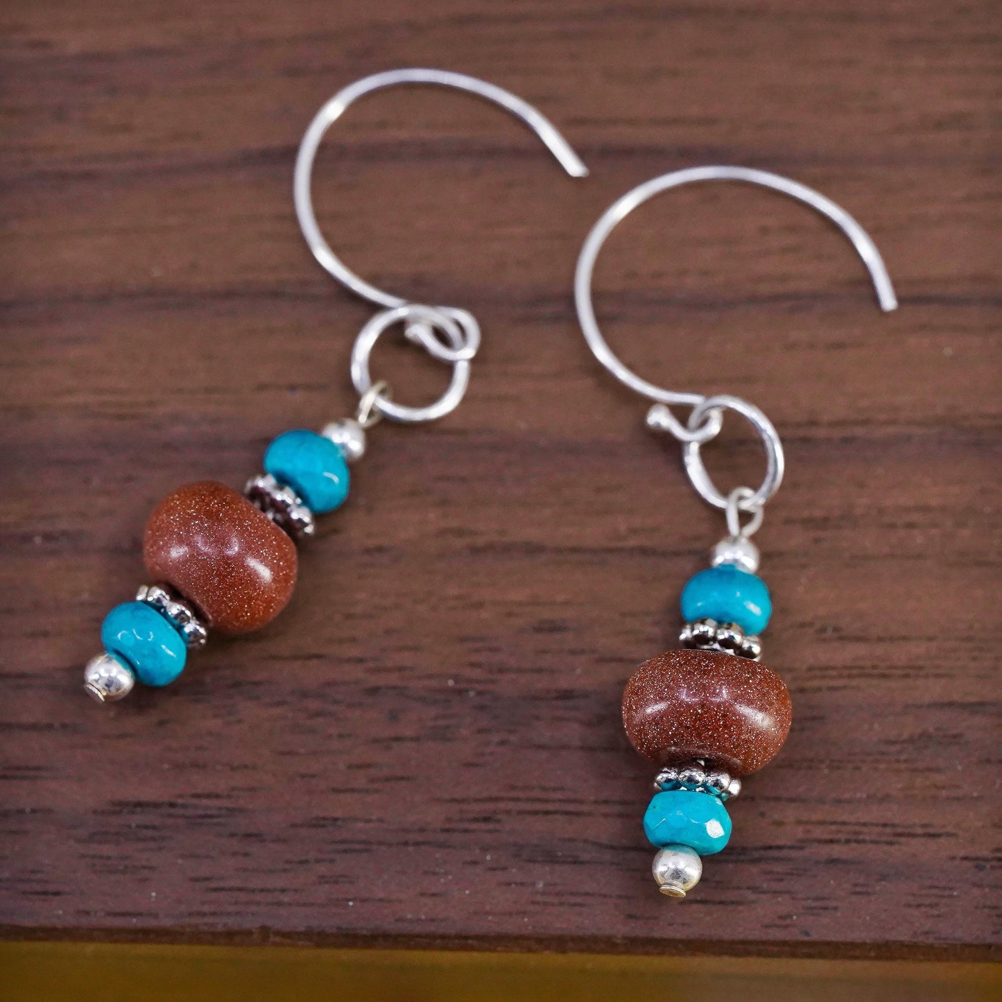 Vintage Sterling 925 silver handmade earrings with turquoise goldstone beads