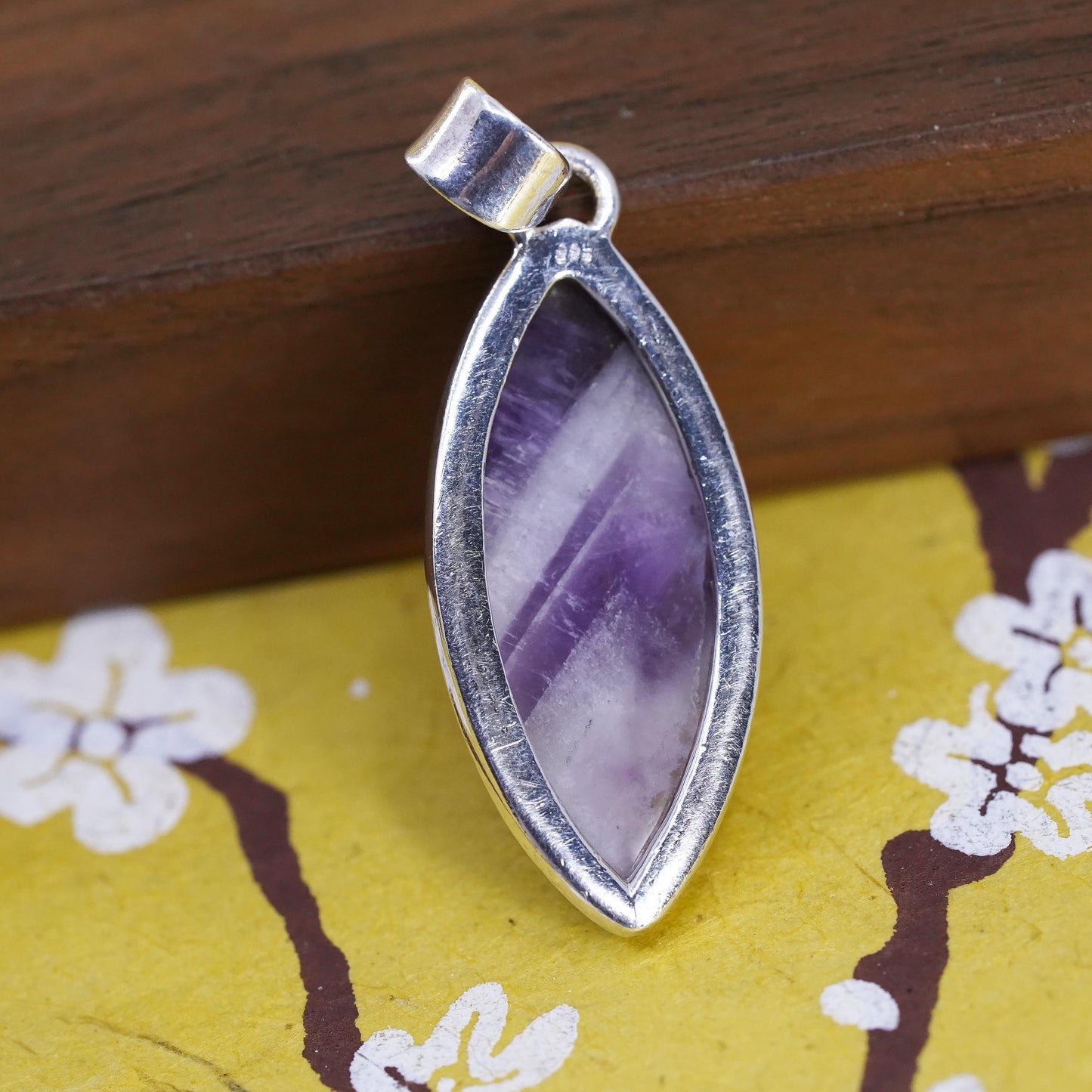Vintage Sterling 925 silver handmade marquise shaped pendant with amethyst