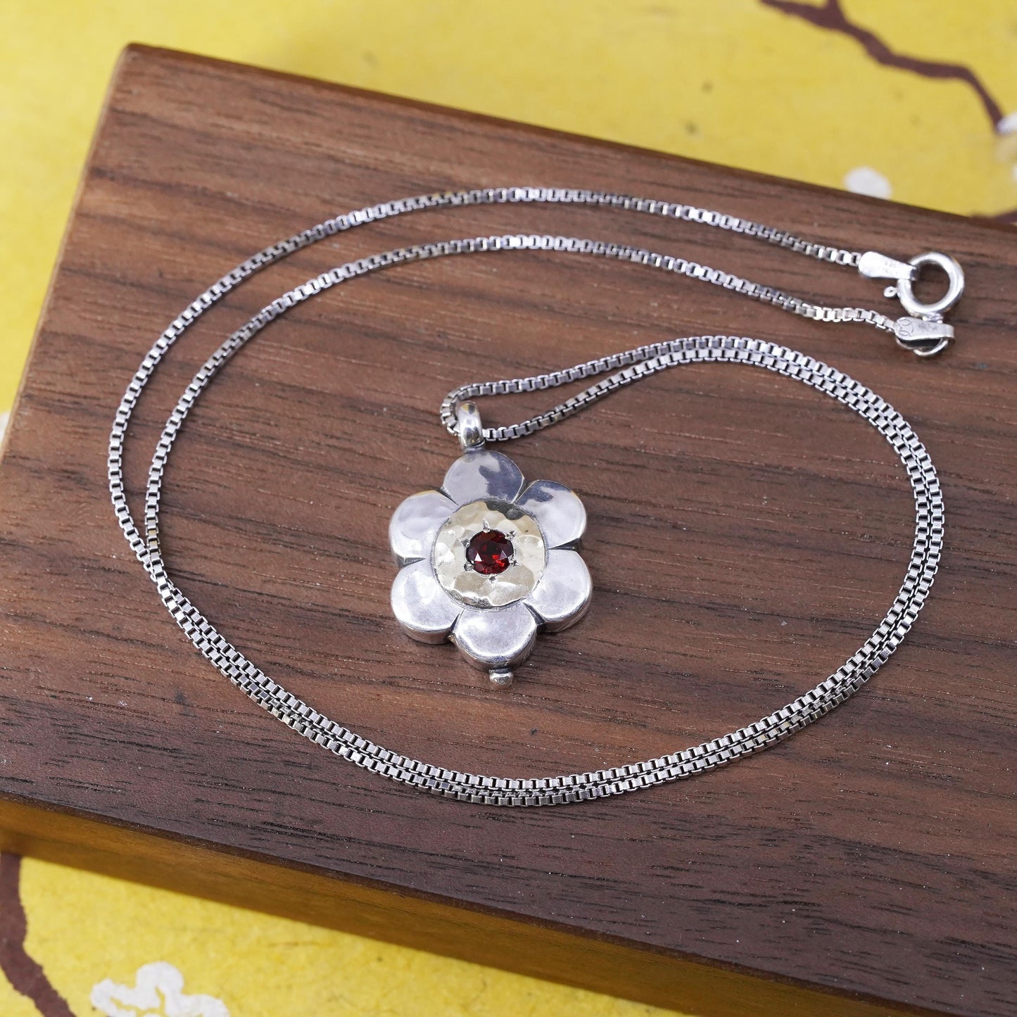 18” Vintage 14K flower Sterling silver handmade pendant, 925 box chain necklace