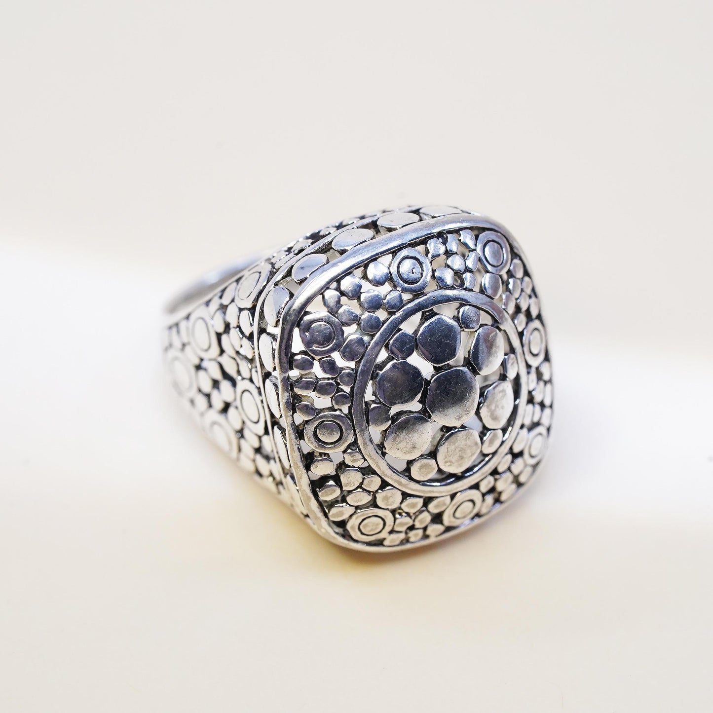 Size 7, vintage sterling silver handmade statement ring, 925 dotted boxy band