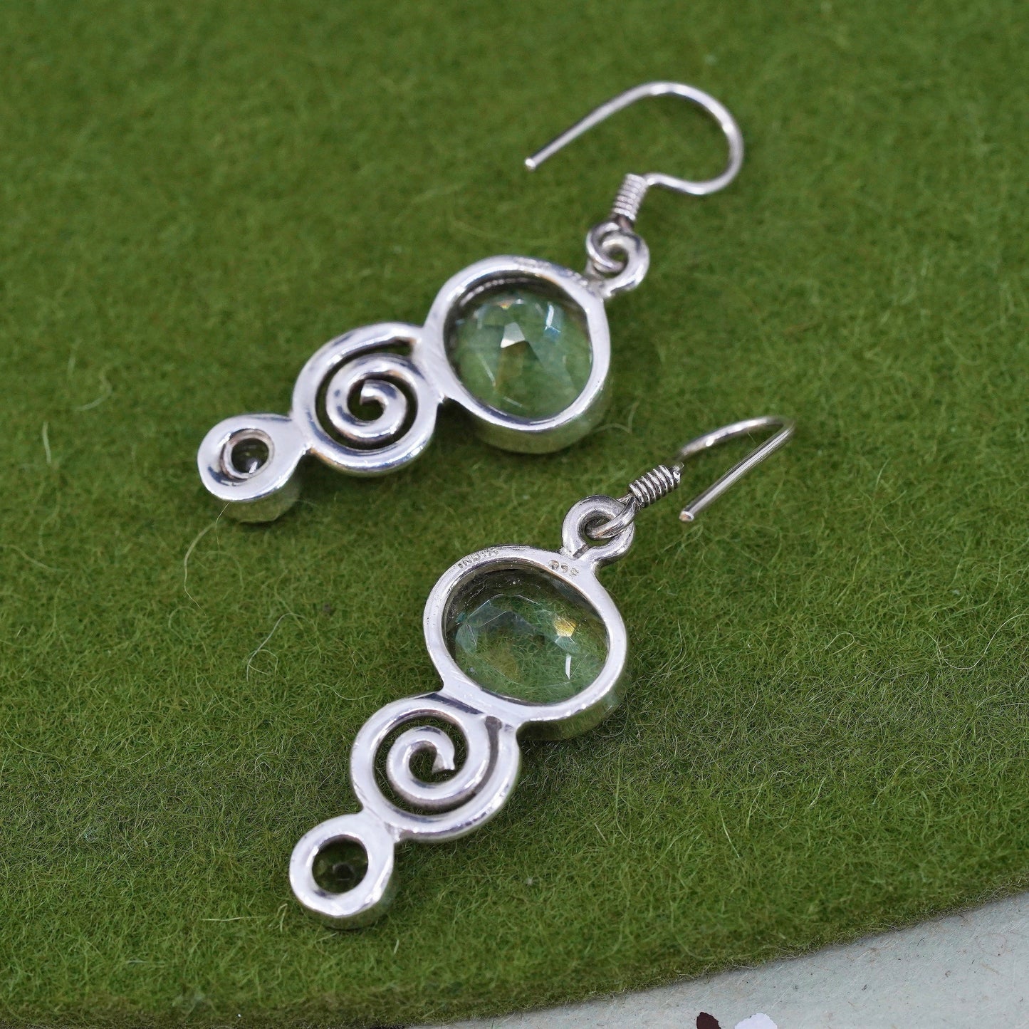 Vintage sterling 925 silver handmade earrings with peridot and spiral details