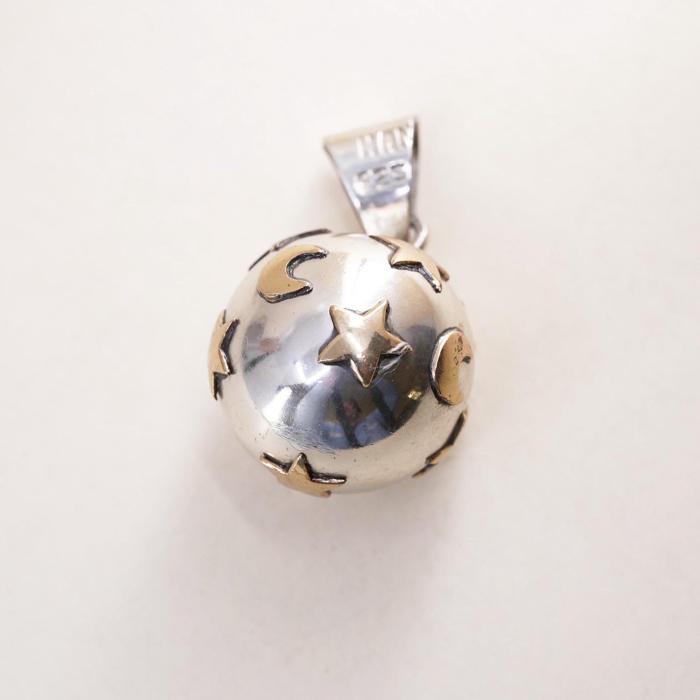 0.75” two tone Sterling silver polished chime harmony ball, 925 bell star moon
