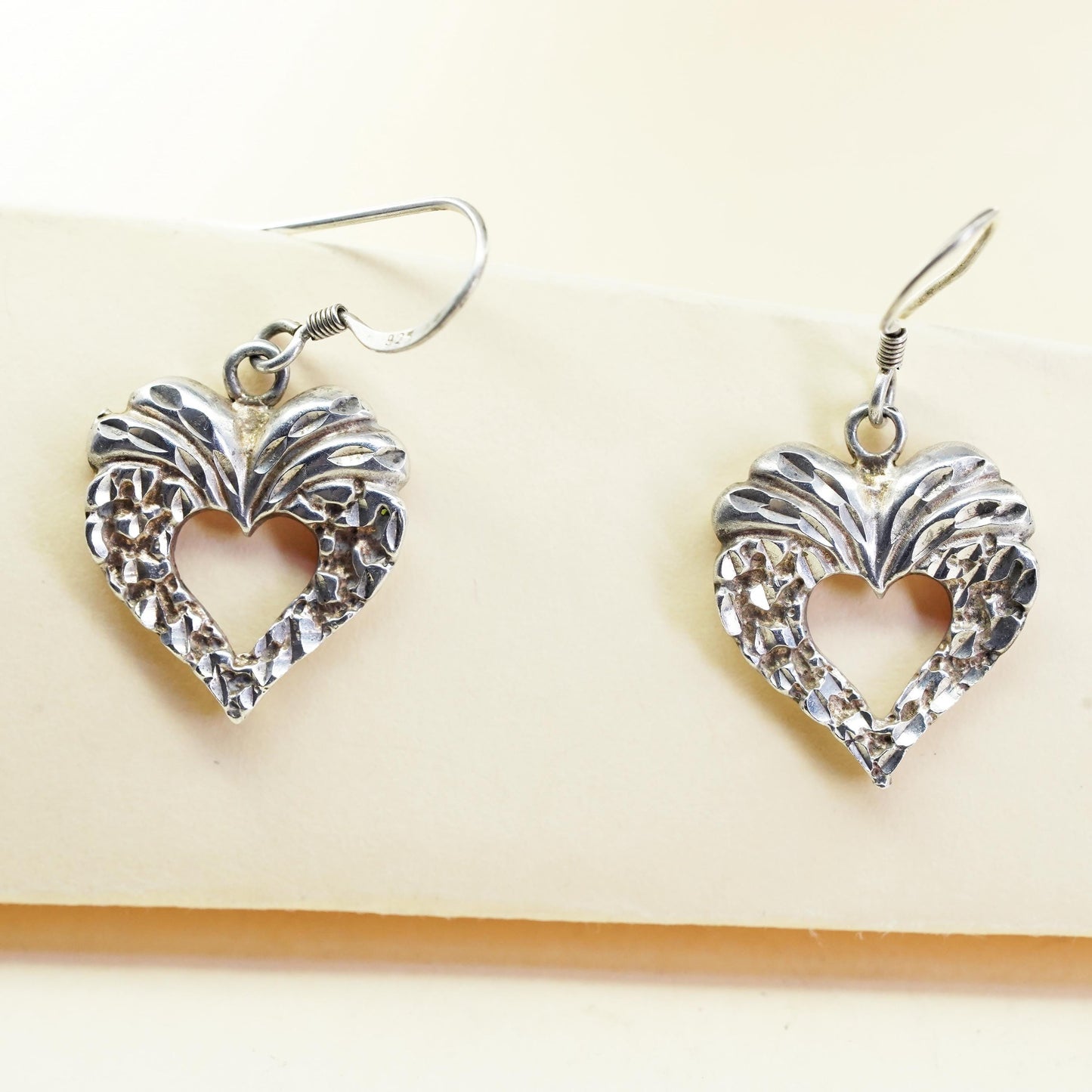 Vintage Sterling silver handmade earrings, textured 925 heart drops