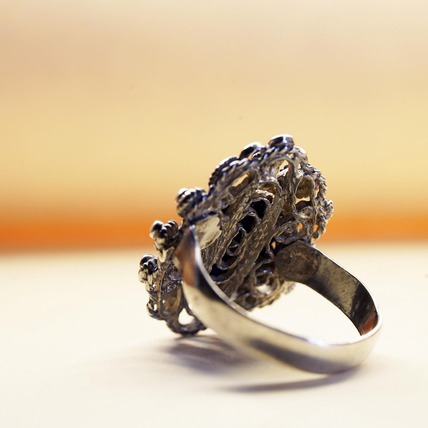 Size 6.25, Vintage sterling 925 silver filigree ring with goldstone and beads