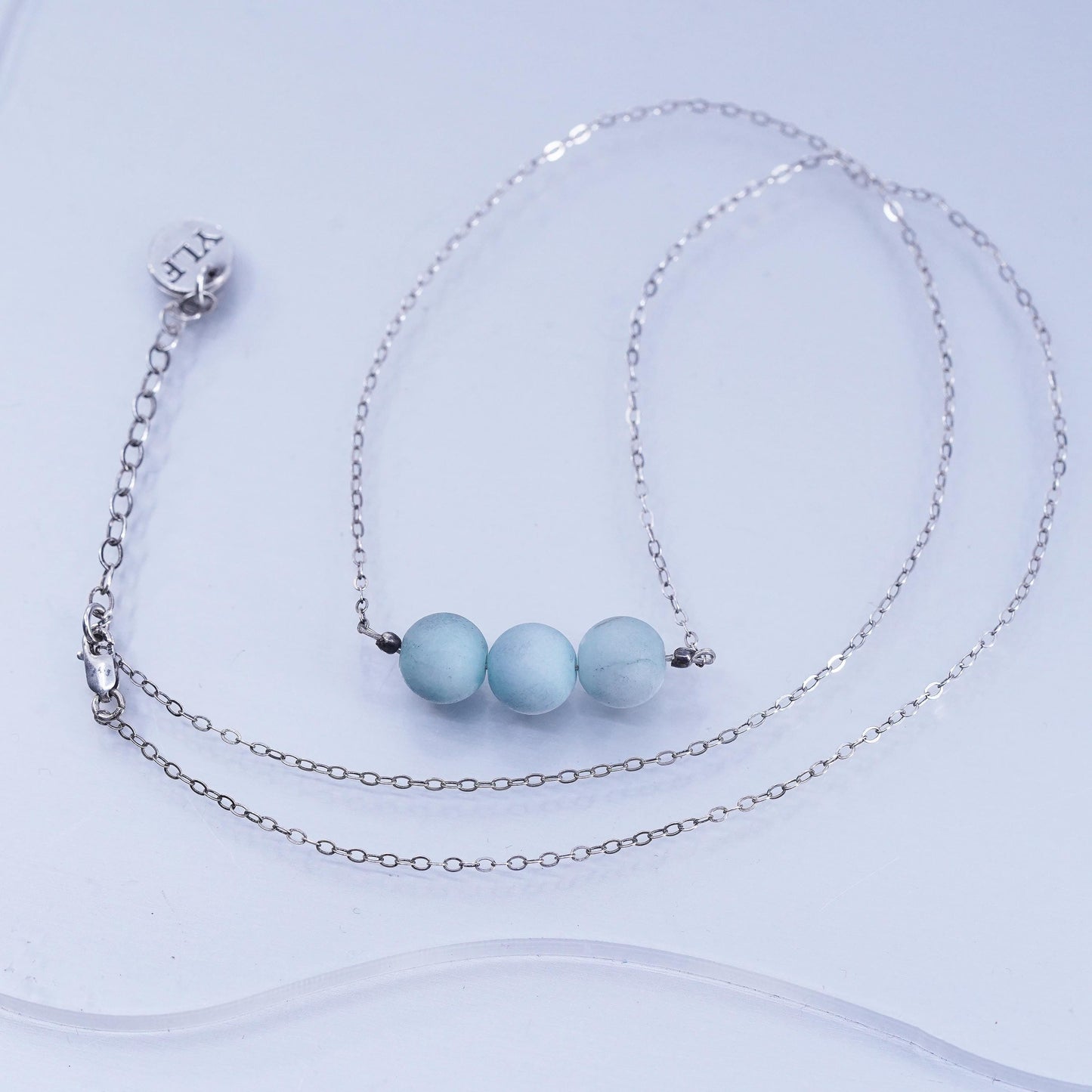 18+2”, vintage Sterling 925 silver circle chain necklace larimar bead pendant