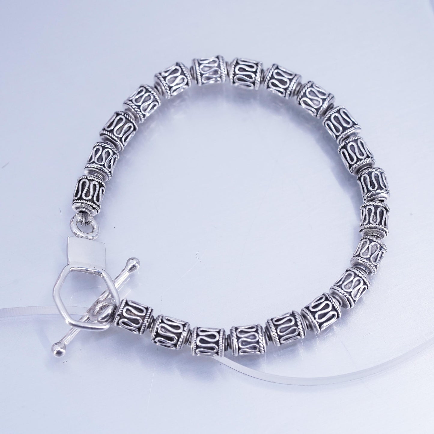 7”, Mexican Sterling 925 silver bracelet, filigree beads chain toggle closure