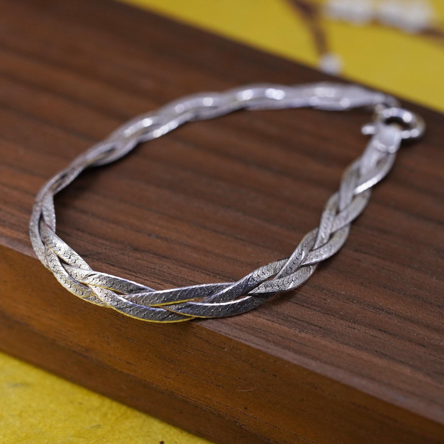 7", Vintage Sterling silver braided woven herringbone bracelet, Italy 925 chain