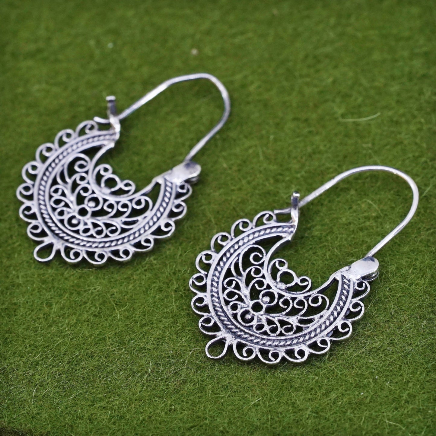 1.5”, sterling silver earrings, 925 earring huggie, filigree textured hoops