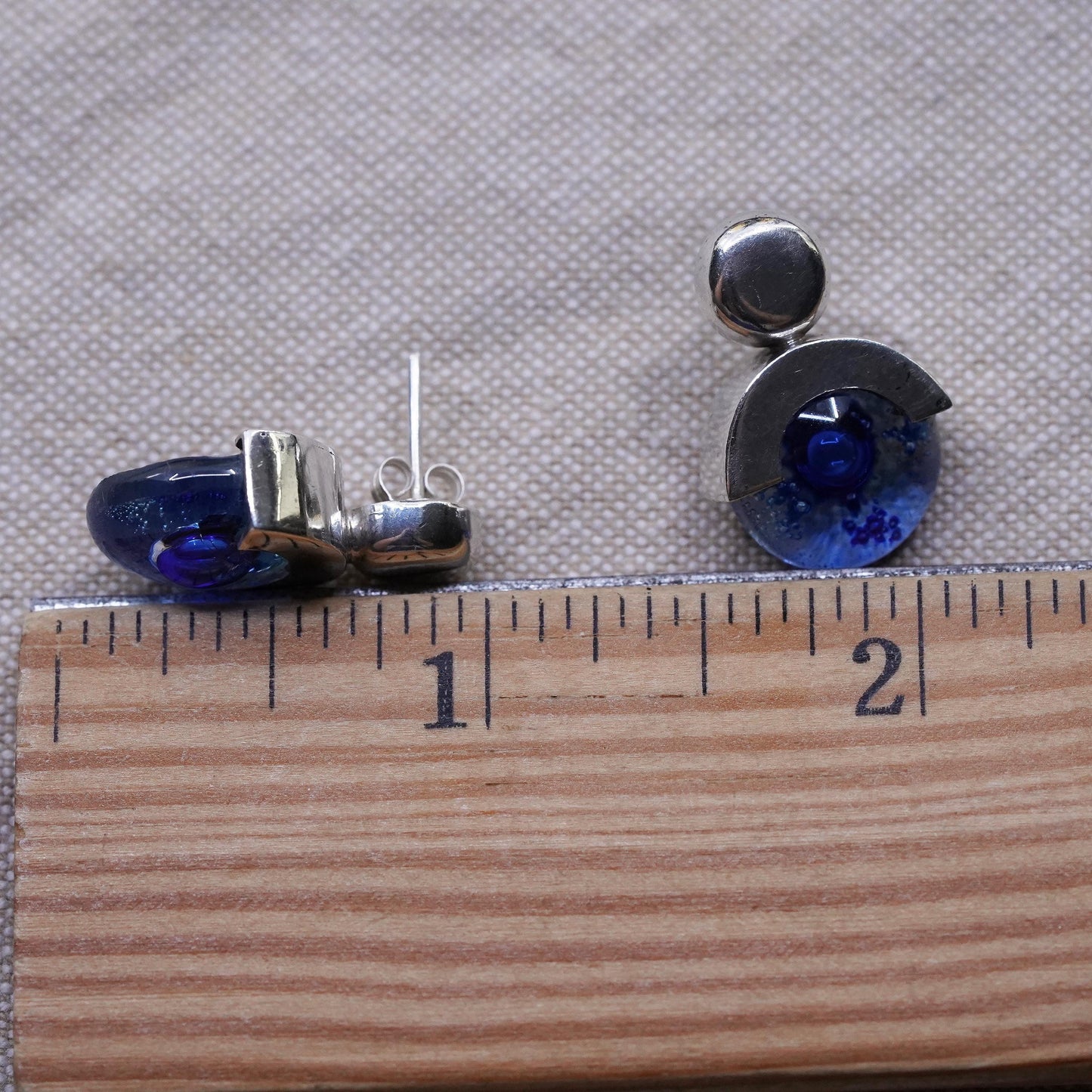 vintage Mexican Sterling silver studs, circle earrings with blue glass