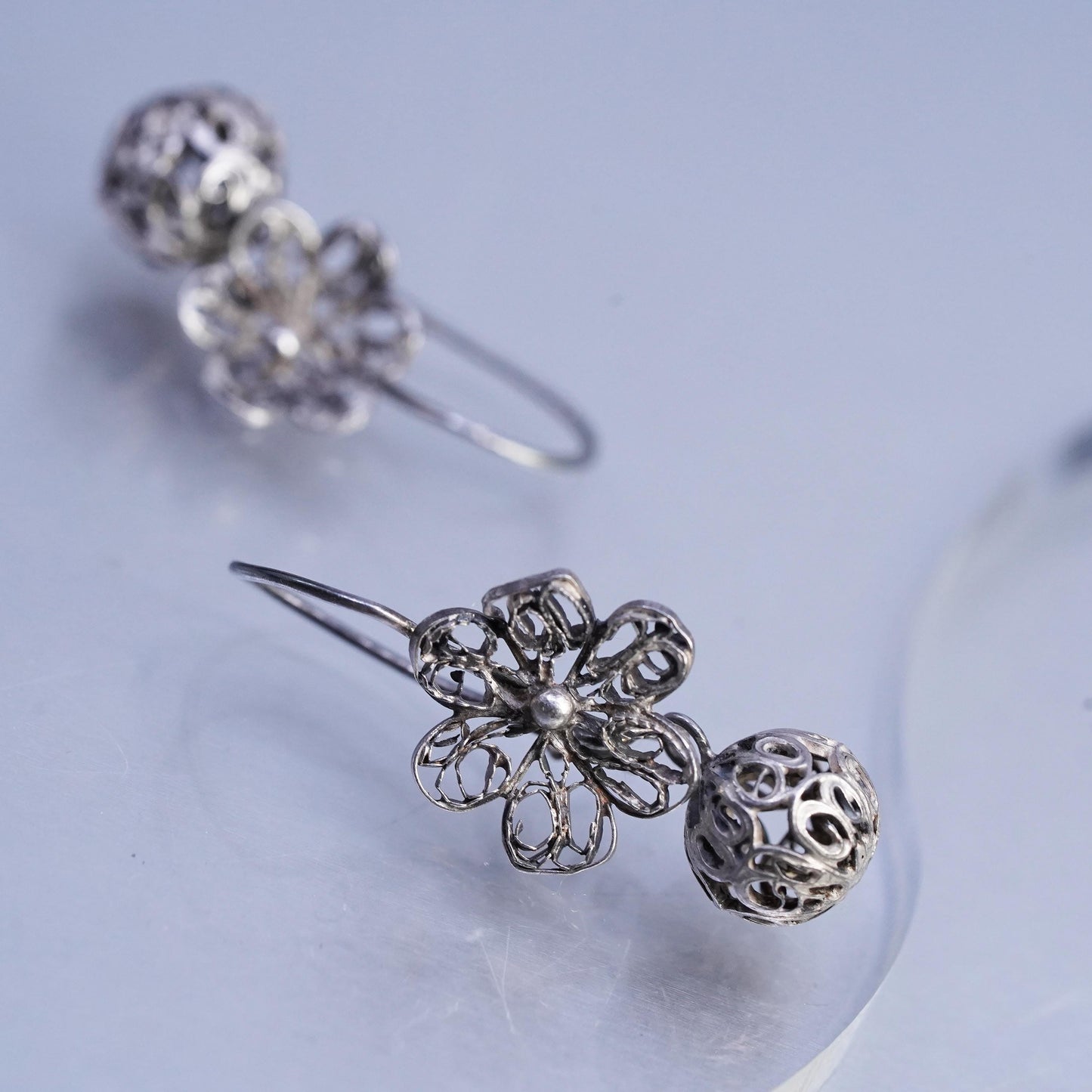 Vintage Sterling 925 silver handmade filigree flower and bead earrings
