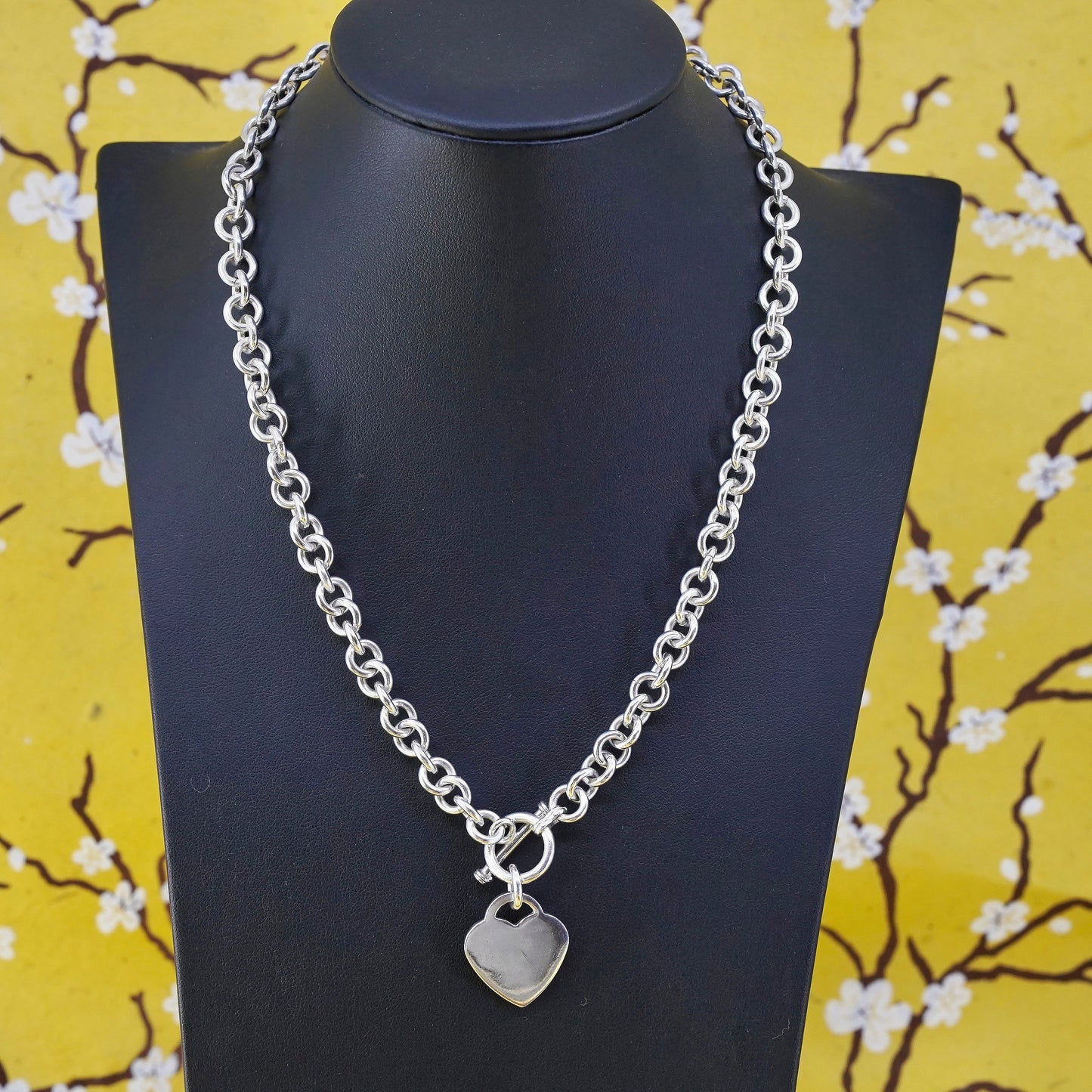 18" sterling silver necklace, 925 large bold circle chain with heart charm