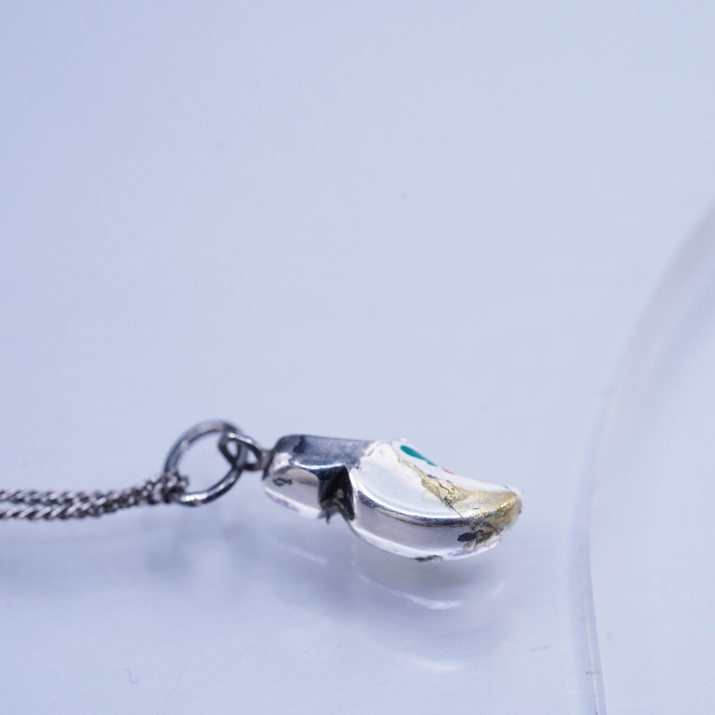 16”, VTG Sterling 925 silver curb necklace enamel holland shoe charm pendant