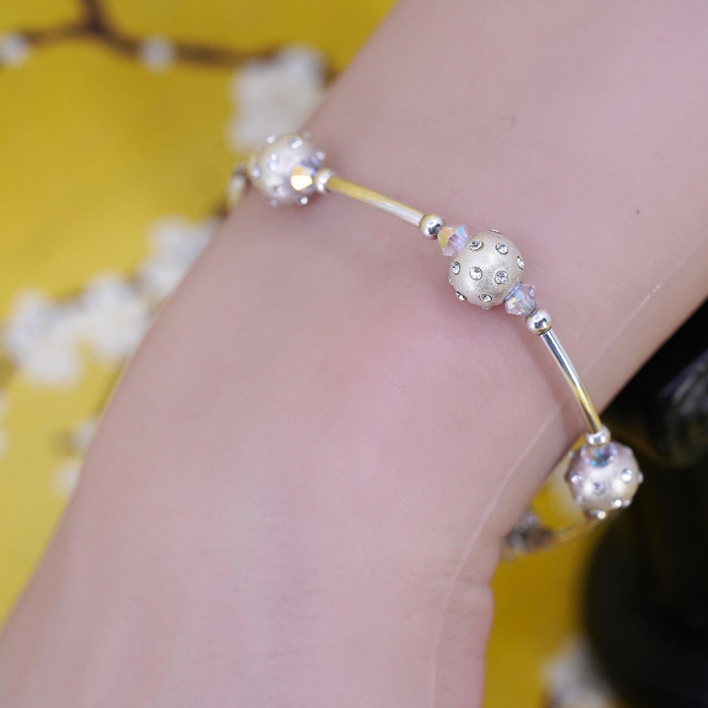 6.5”, Sterling silver beads bracelet, 925 bar chain with pearl crystal beads
