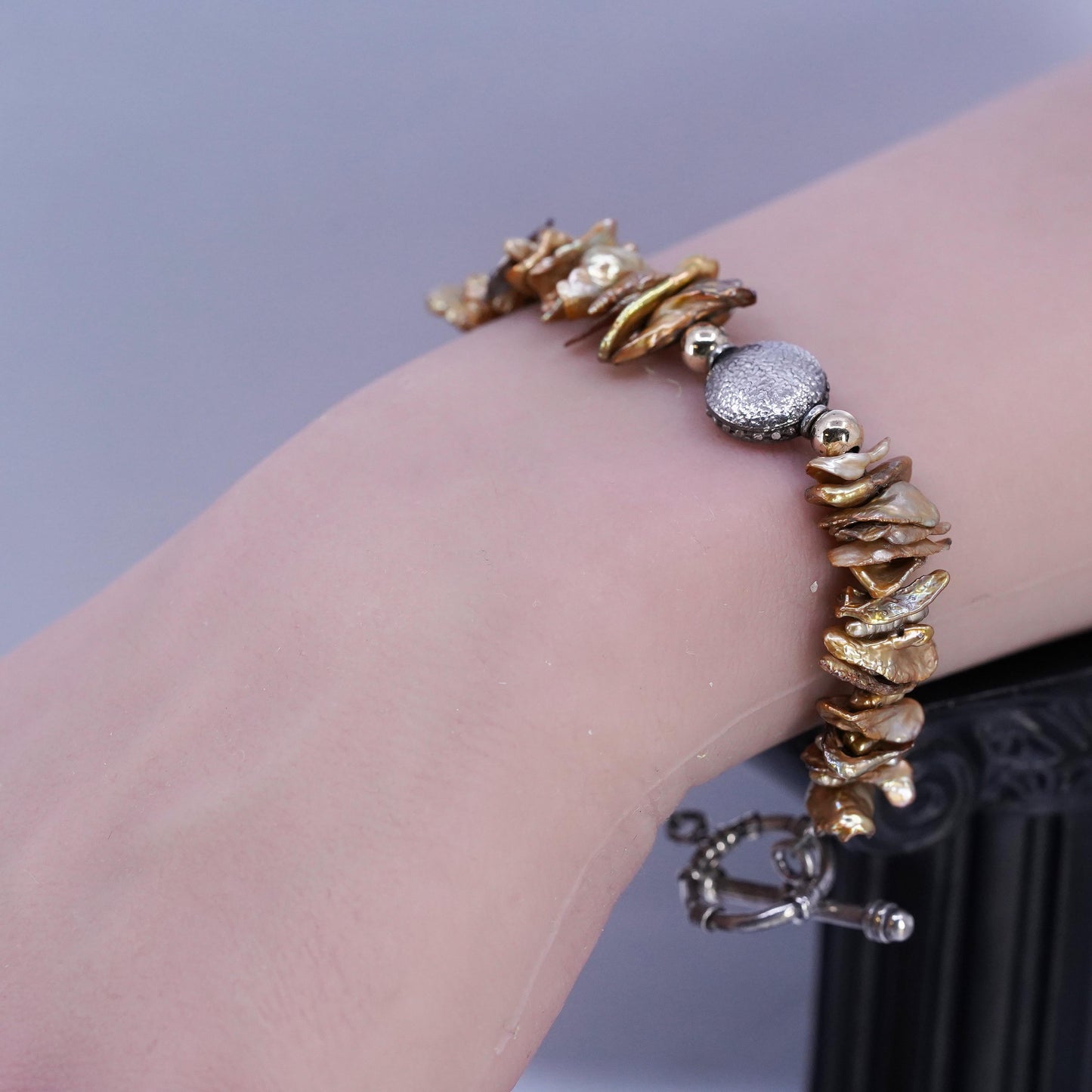 6.25", vintage sterling silver bracelet, baroque pearl beads 925 toggle closure