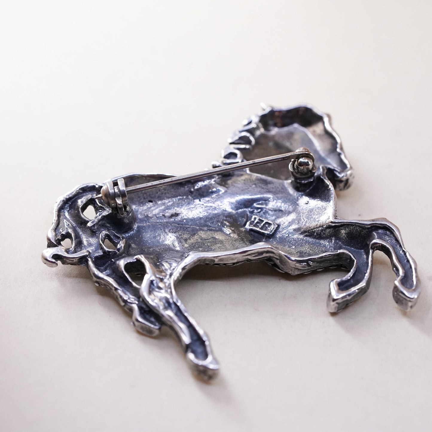 Vintage oxidized Sterling Silver Brooch 925 Pin, beaded horse Statement Jewelry