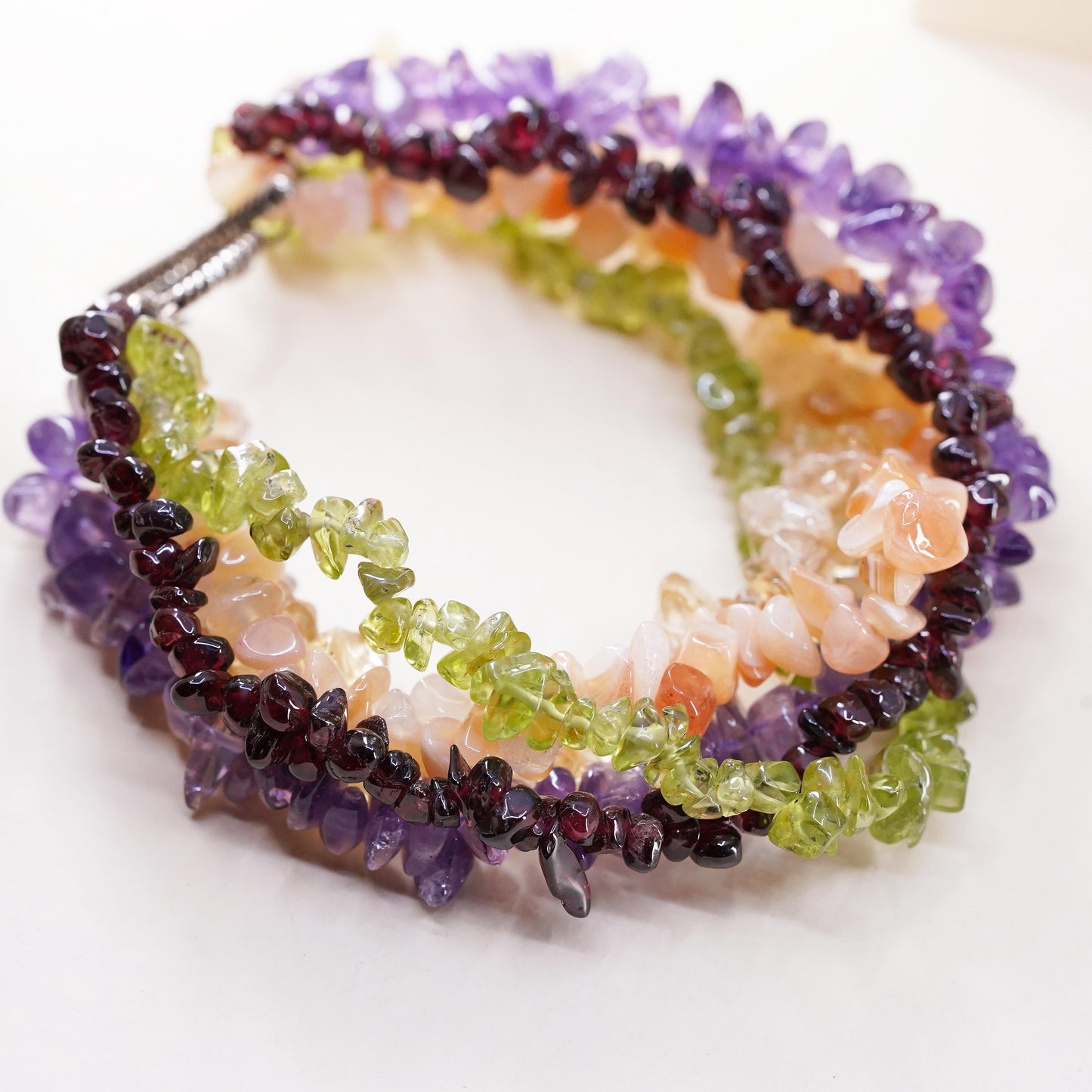 8.5”, multi strands amethyst peridot citrine agate sterling 925 silver bracelet