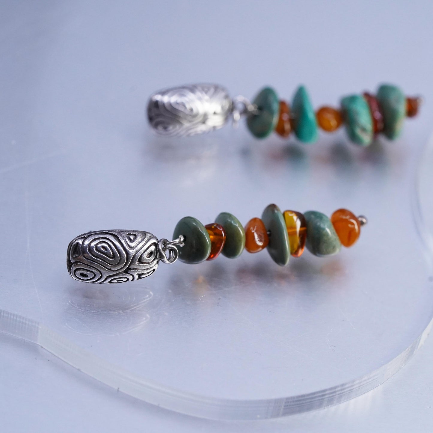 Indonesia handmade Sterling Silver handmade earrings, Turquoise Amber beads