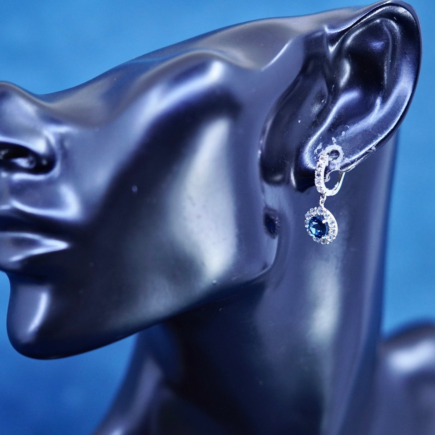 Vintage sterling 925 silver handmade round earrings with blue topaz and cz