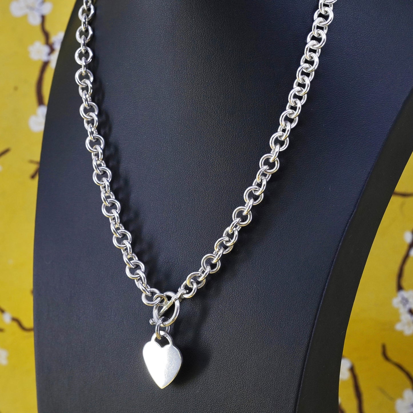 18" sterling silver necklace, 925 large bold circle chain with heart charm