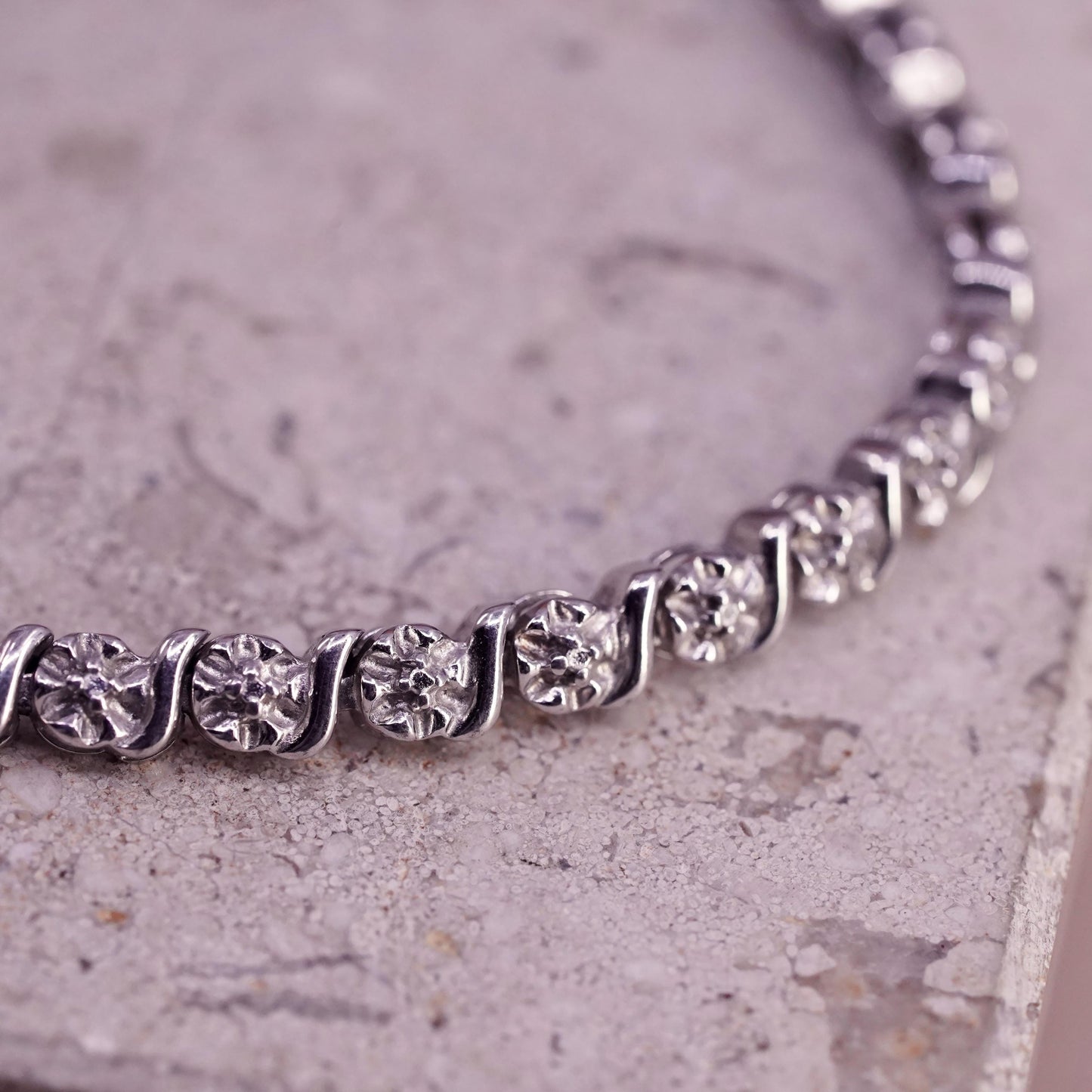 7", vintage sterling 925 silver tennis floral bracelet with diamond details