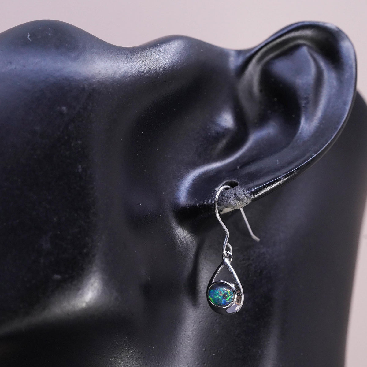 Vintage Sterling silver handmade earrings, 925 oval drops with fire opal