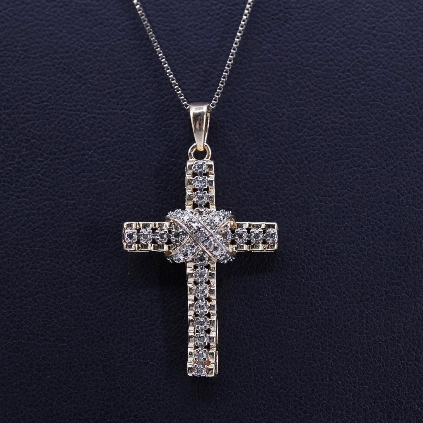 18”, vermeil gold over sterling 925 silver box necklace cross pendant diamond