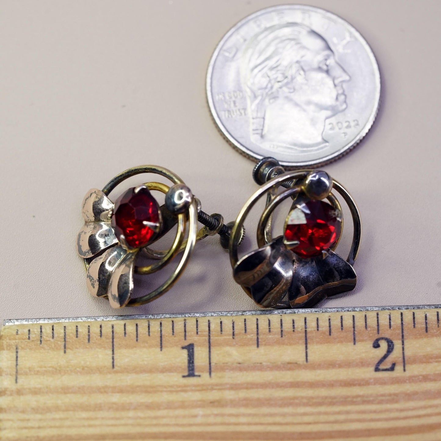 Vintage gold plated Sterling 925 silver screw back earrings with red Rhinestone