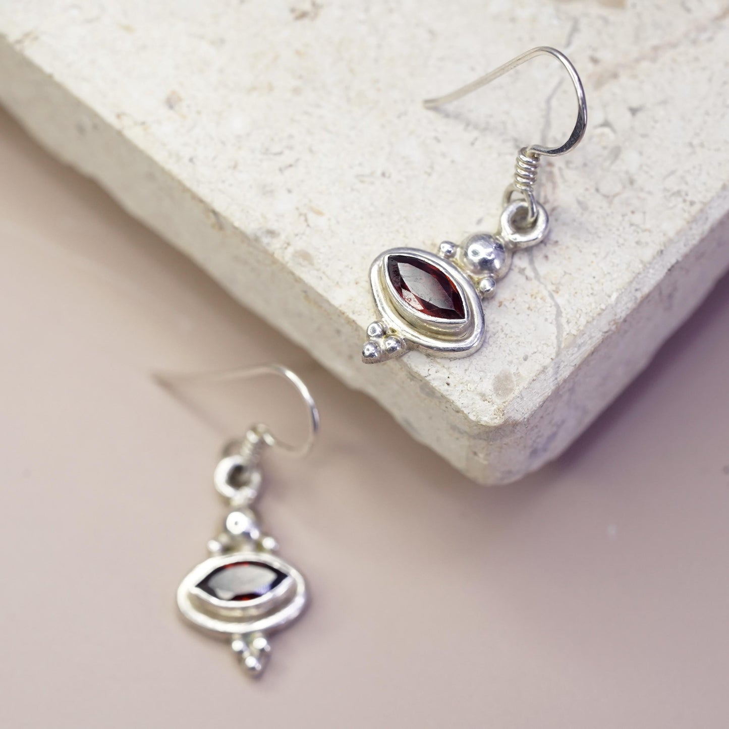 Vintage sterling 925 silver handmade earrings with garnet and beads