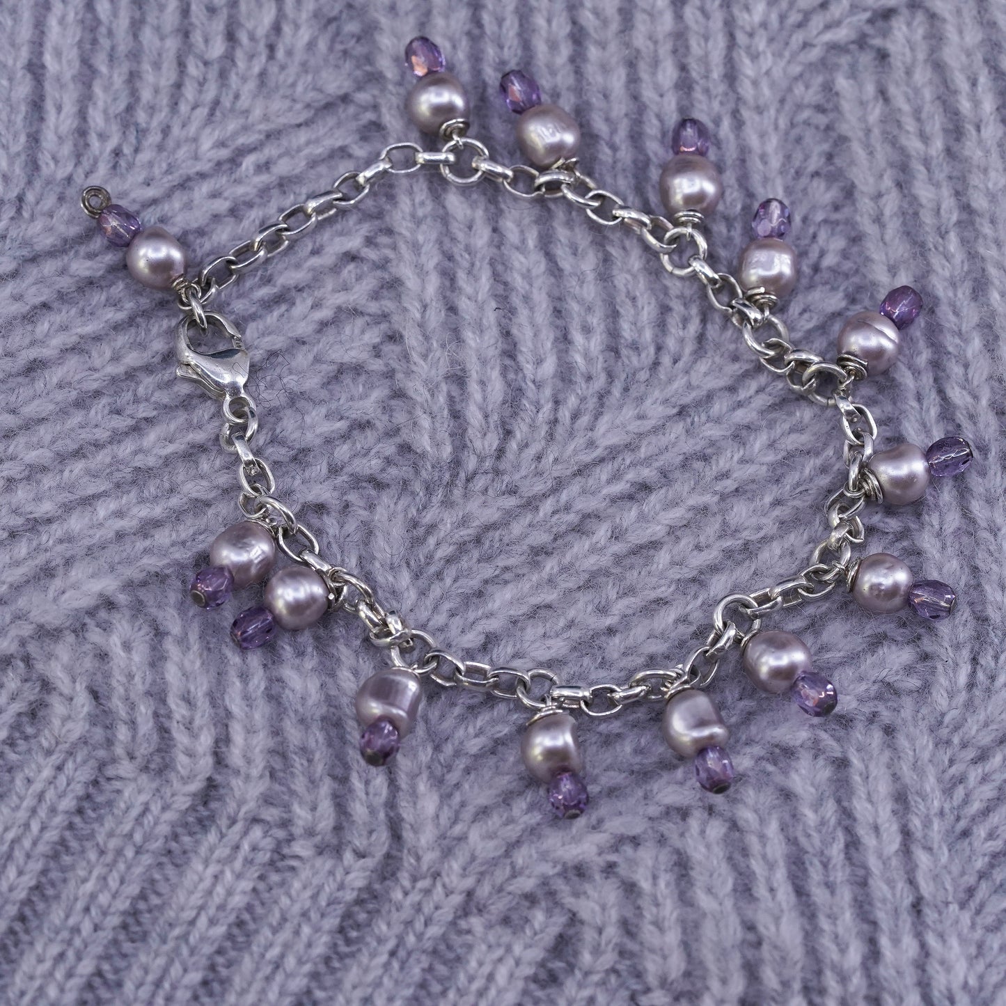 8.25”, vintage Sterling silver handmade bracelet, 925 circle chain gray pearl