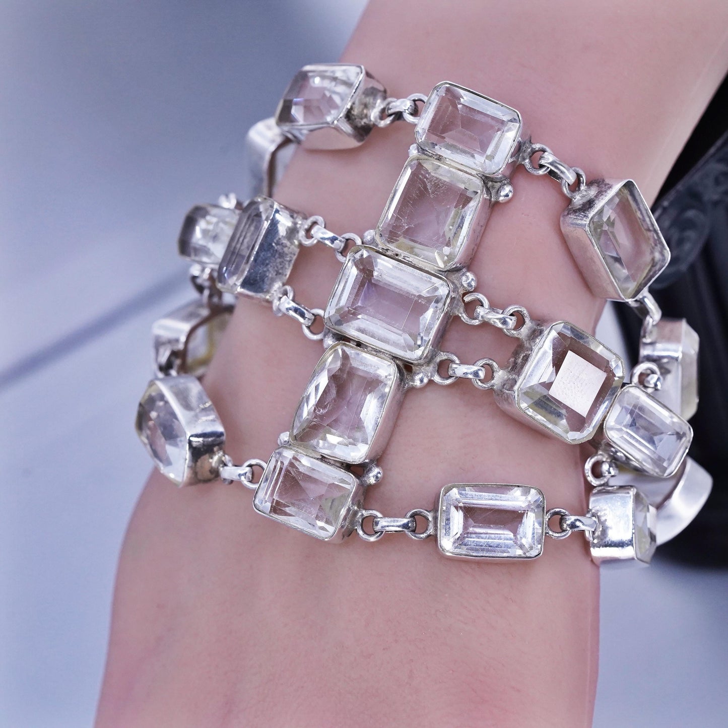 6.75”, vintage Sterling 925 silver handmade bracelet with clear crystal beads