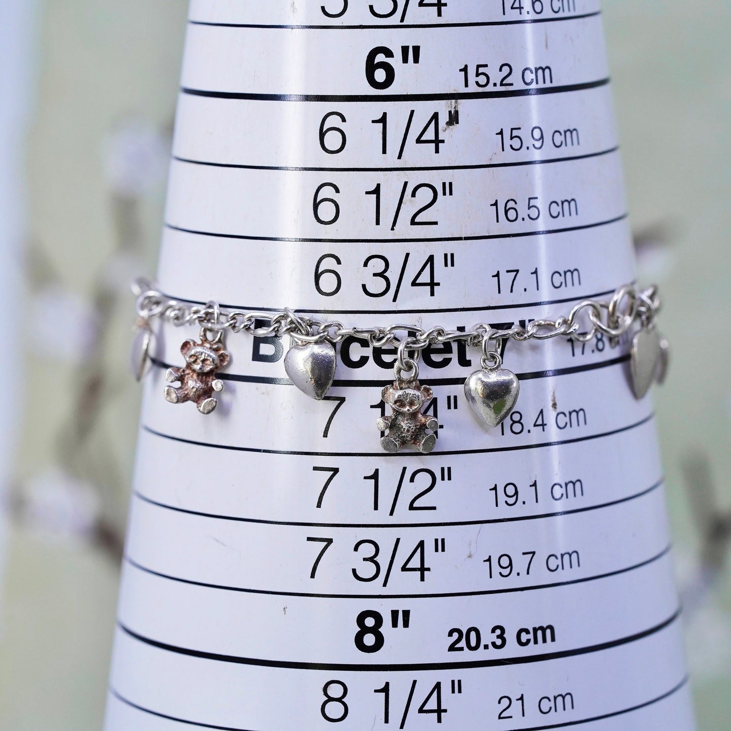 7", Vintage sterling 925 silver figaro bracelet with heart teddy bear charms