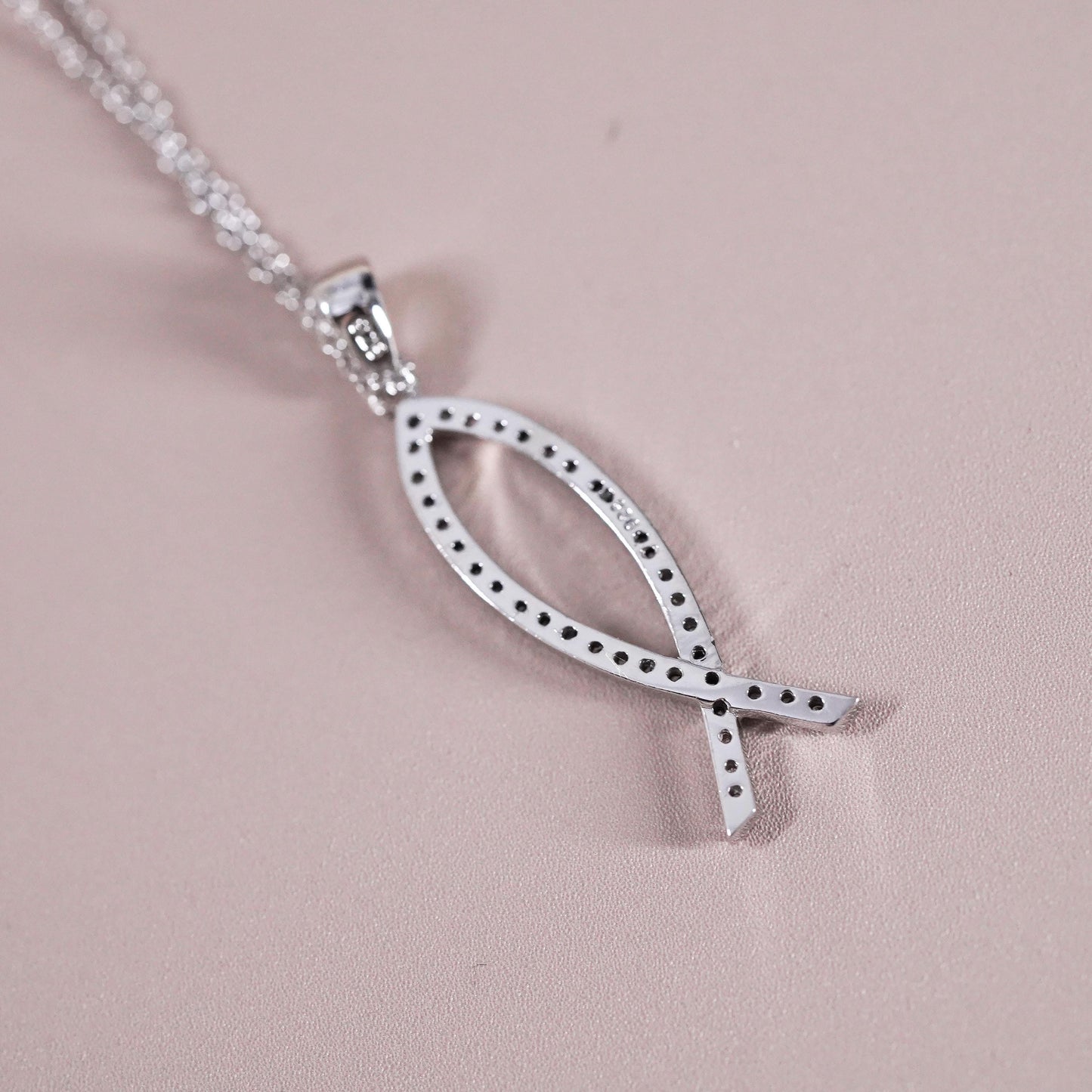 16"+2”, Sterling silver necklace, 925 circle chain fish pendant and Cz